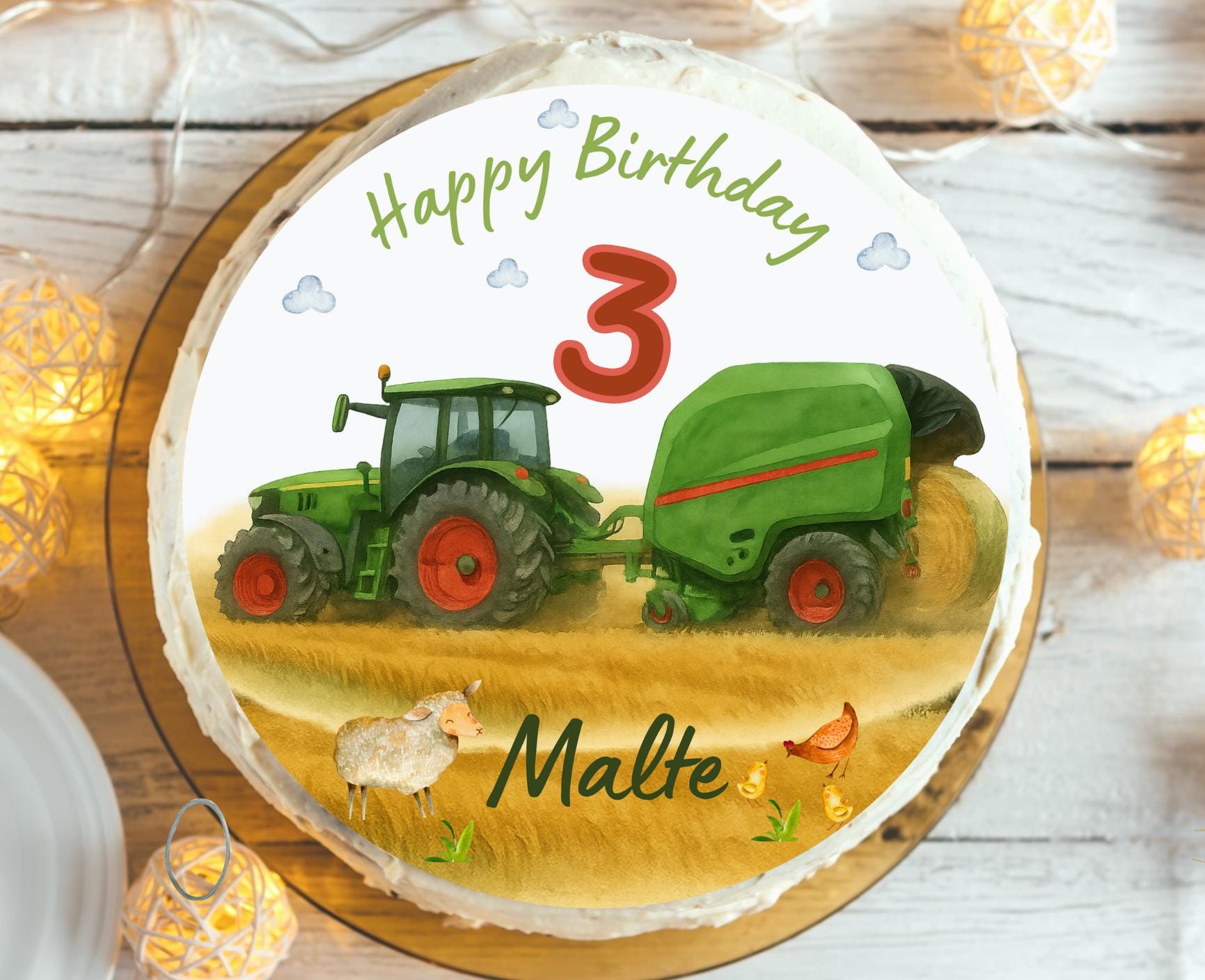 Traktor Tortenaufleger mit Ballenpresse – personalisiert mit Name & Alter – Fondantbild Bauernhof – Geburtstag – essbares – Party Decor