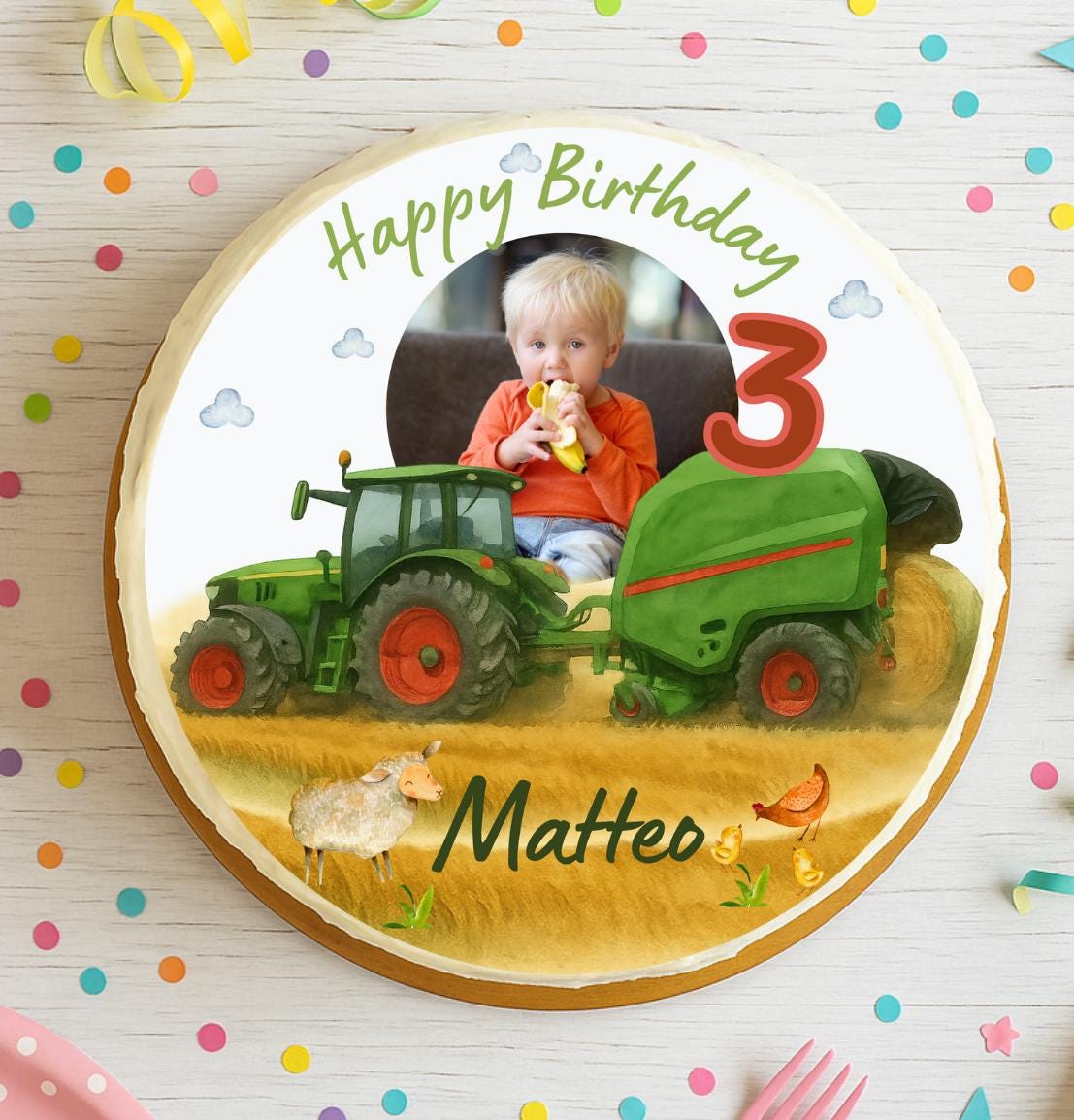 Tortenaufleger Traktor mit Ballenpresse & Foto – personalisiert mit Name und Alter – Geburtstag – Fondantbild Bauernhof – Party Decor