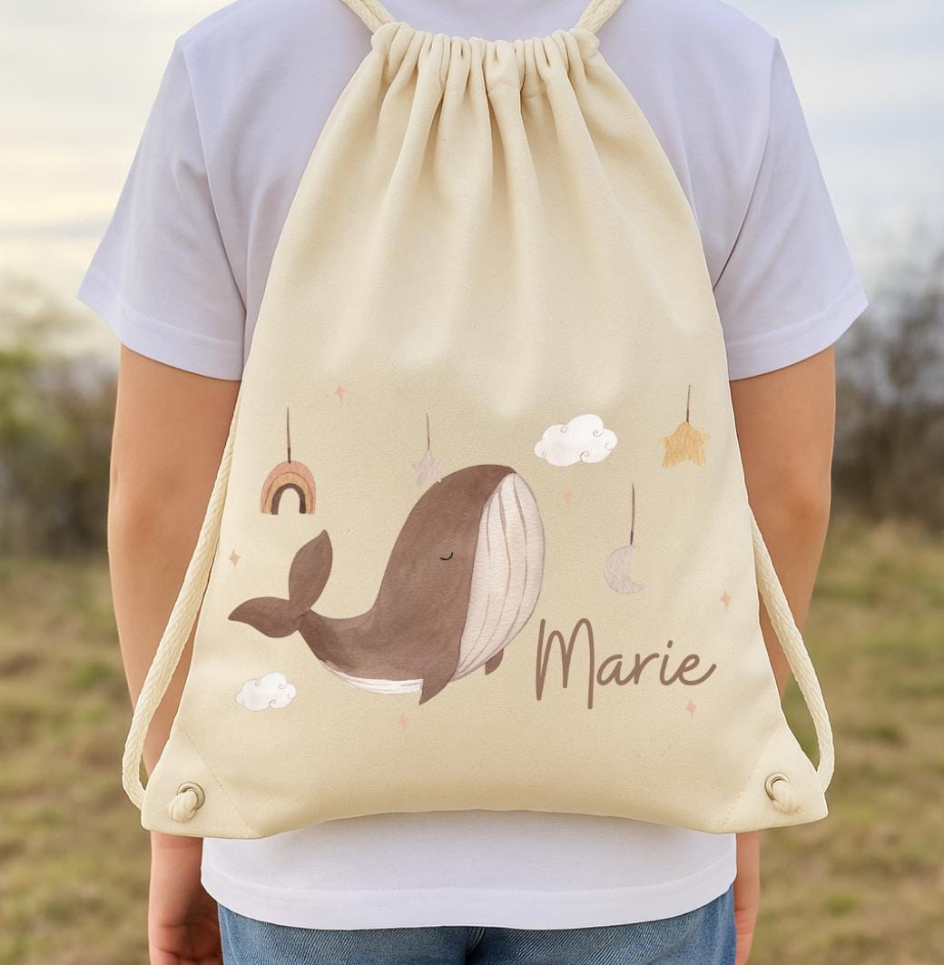 Turnbeutel Jutebeutel Jutetasche mit Namen Beutel für Wechselwäsche personalisiert Boho Wal Regenbogen – Team Sports & Gym Bags