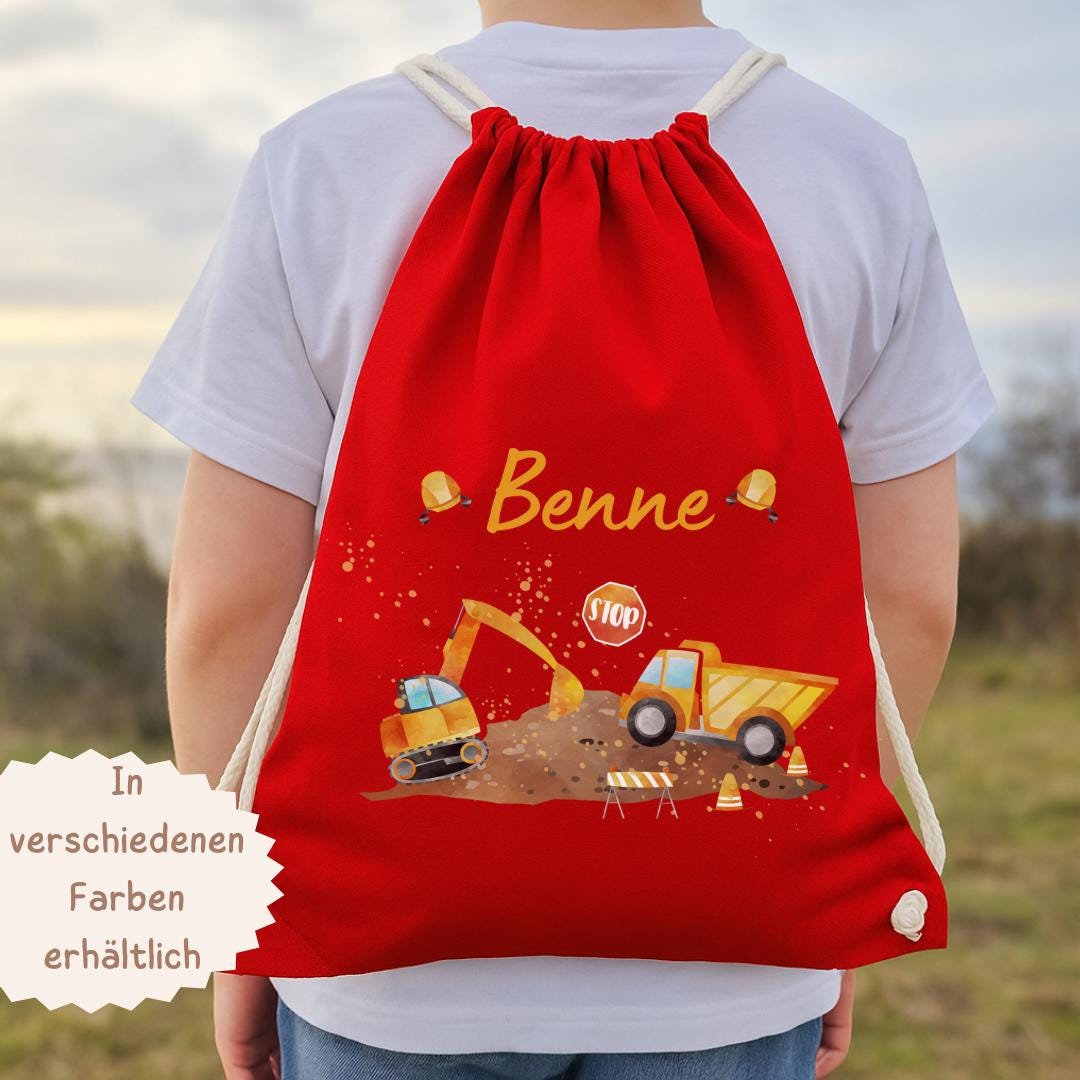 mit Namen – Bagger & Radlader Motiv – personalisiert – Turnbeutel Baustelle – Kita und Einschulung n – Baumwolle – Team Sports & Gym Bags