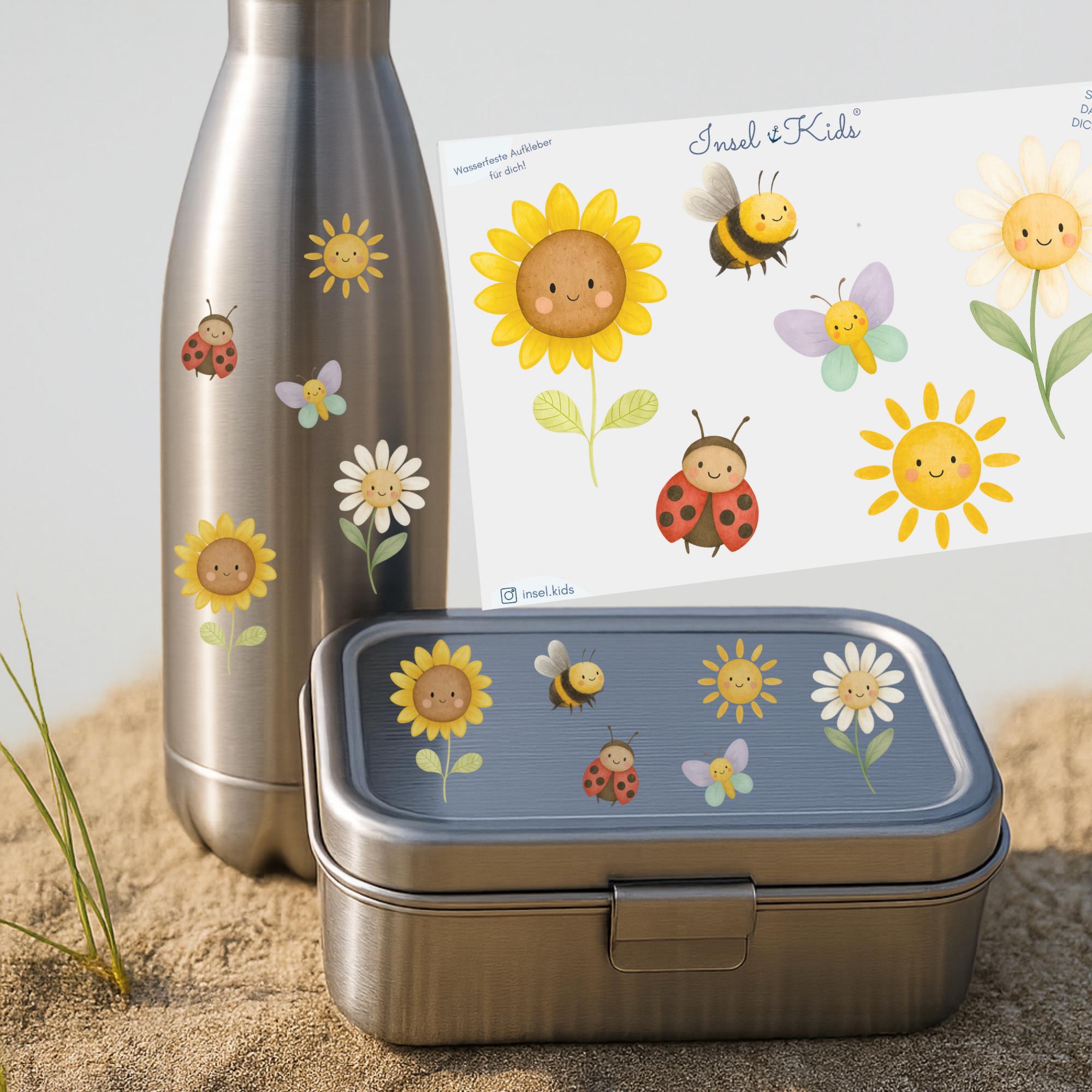 Sticker Sonnenblume Gänseblümchen Schmetterling – wasserfest & spülmaschinenfest – A6 – für Brotdose, Kita und Trinkflasche – Stickers
