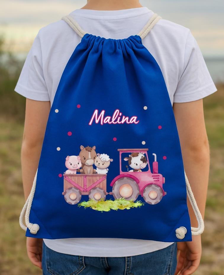 Turnbeutel rosa Traktor mit Tieren – personalisiert mit Namen – Geschenk für – gartentasche Bauernhof Style – Team Sports & Gym Bags