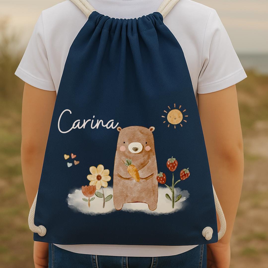 Turnbeutel mit Namen Bär – garten Wechselwäschebeutel – personalisierte Tasche Waldtiere – Geschenk Kita Start – Team Sports & Gym Bags