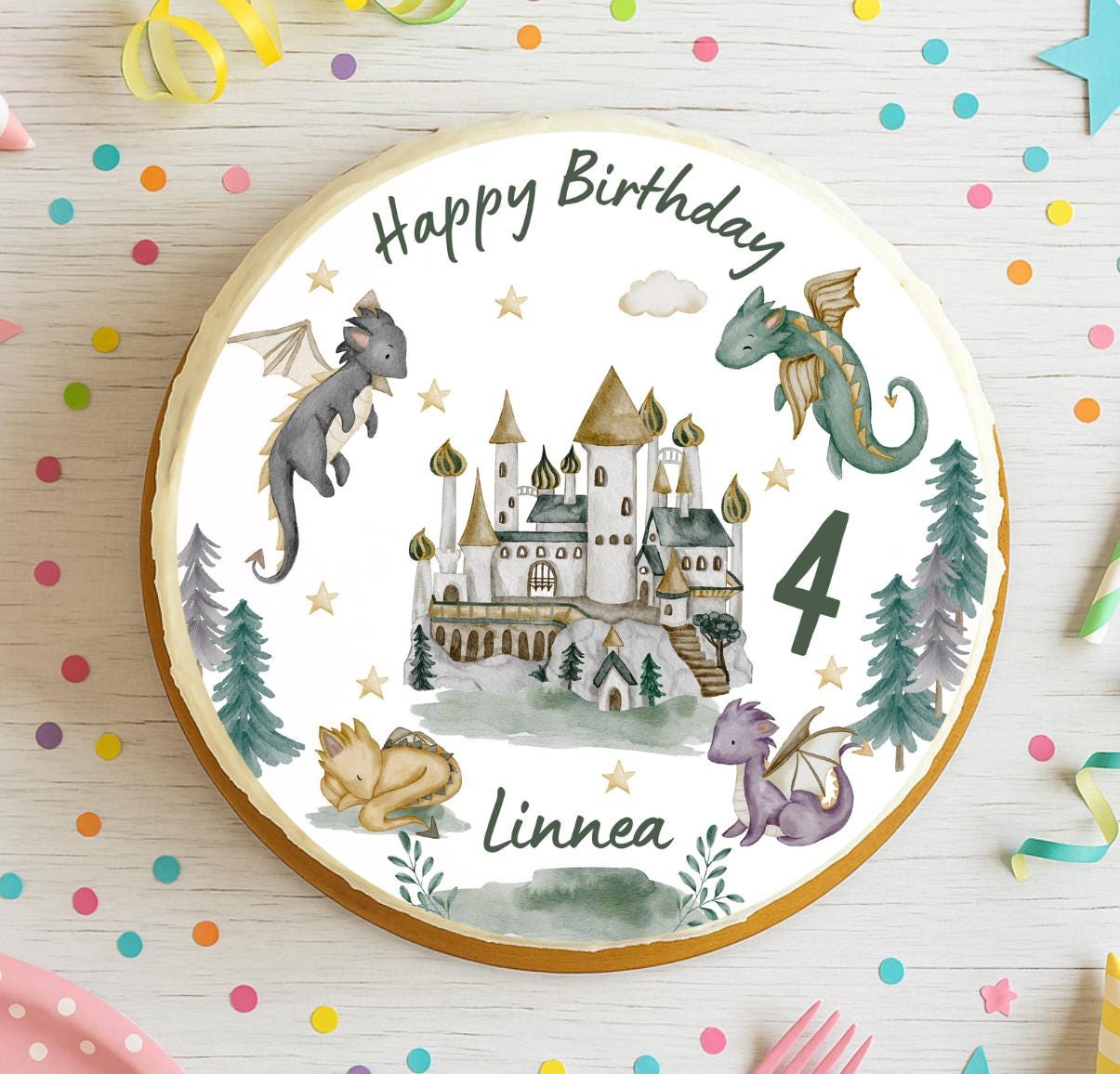 Tortenaufleger Drache Schloss – Fondantbild mit Name & Zahl – Geburtstag – Märchenhafte Tortendeko für Fantasy Mottoparty – Party Decor