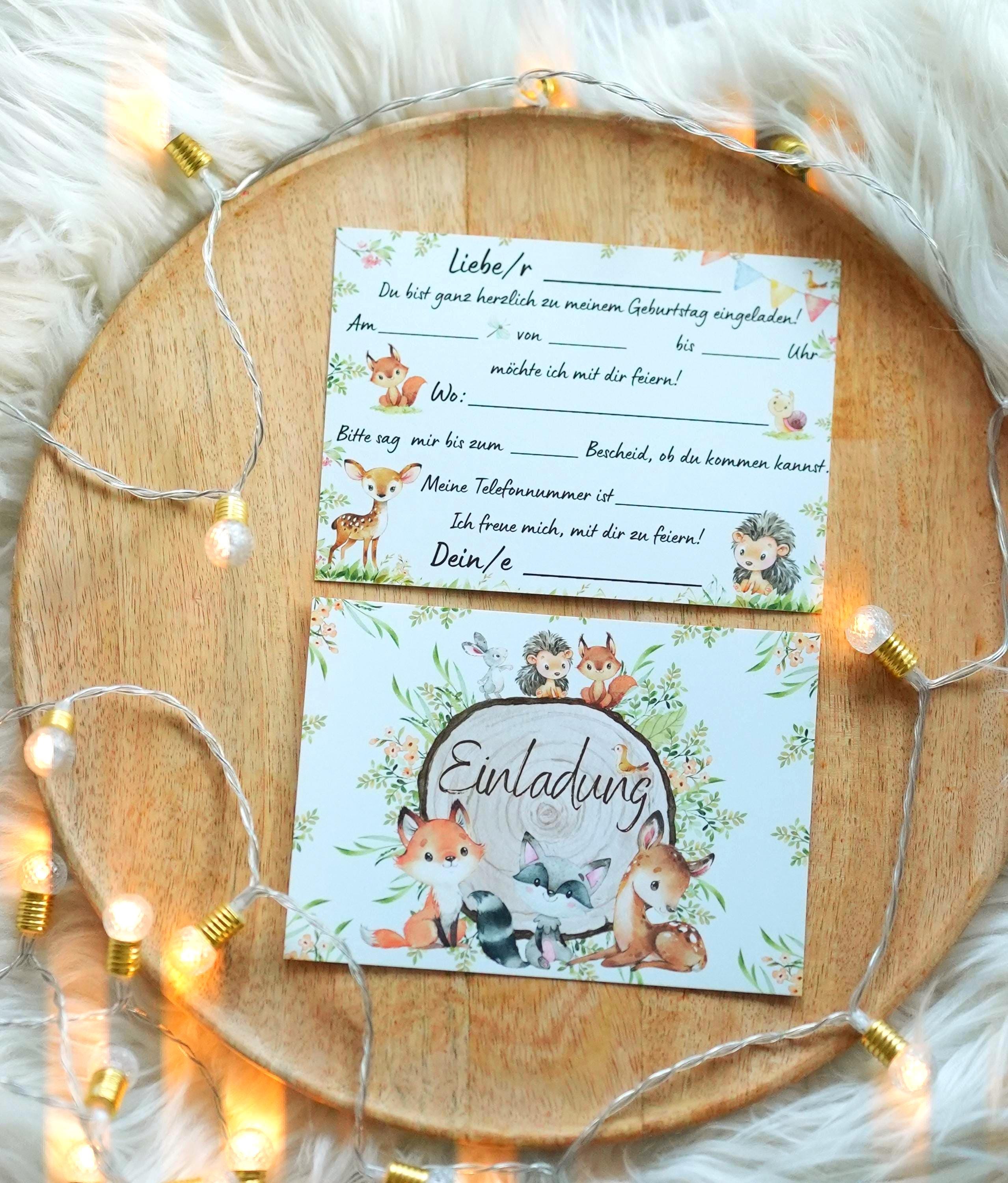 Einladungskarten Waldtiere geburtstag – 8 Karten DIN A6 – Fuchs, Reh, Igel – Waldparty Einladung – beschreibbar – Invitations