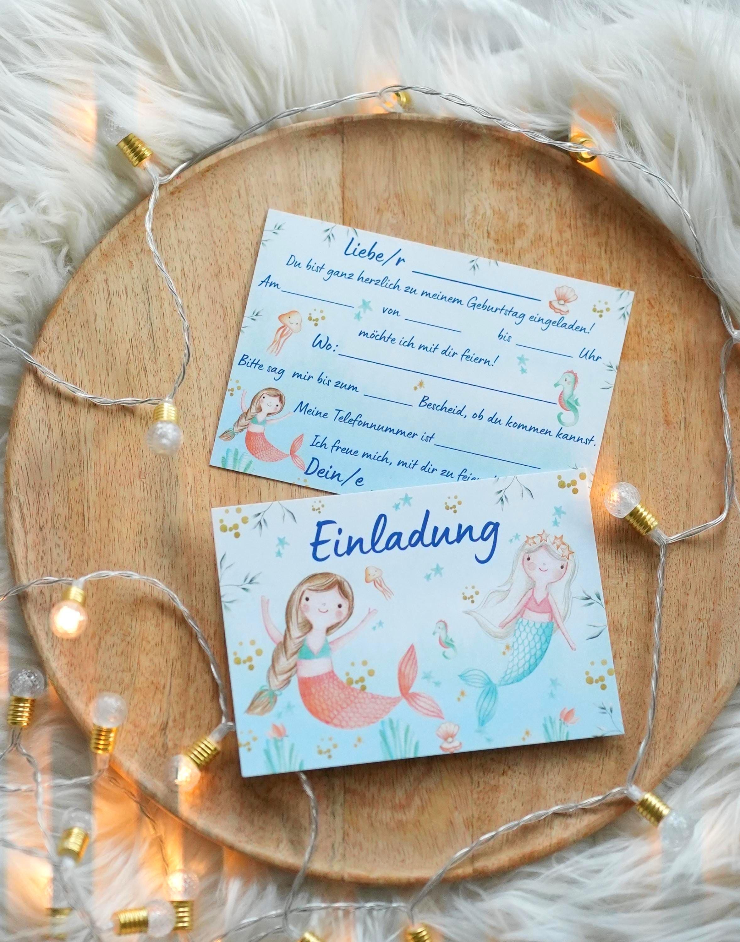 Einladungskarten Meerjungfrau geburtstag – 8 Karten DIN A6 – Unterwasserwelt mit Muscheln & Seesternen – zum Selbstbeschriften – Invitations