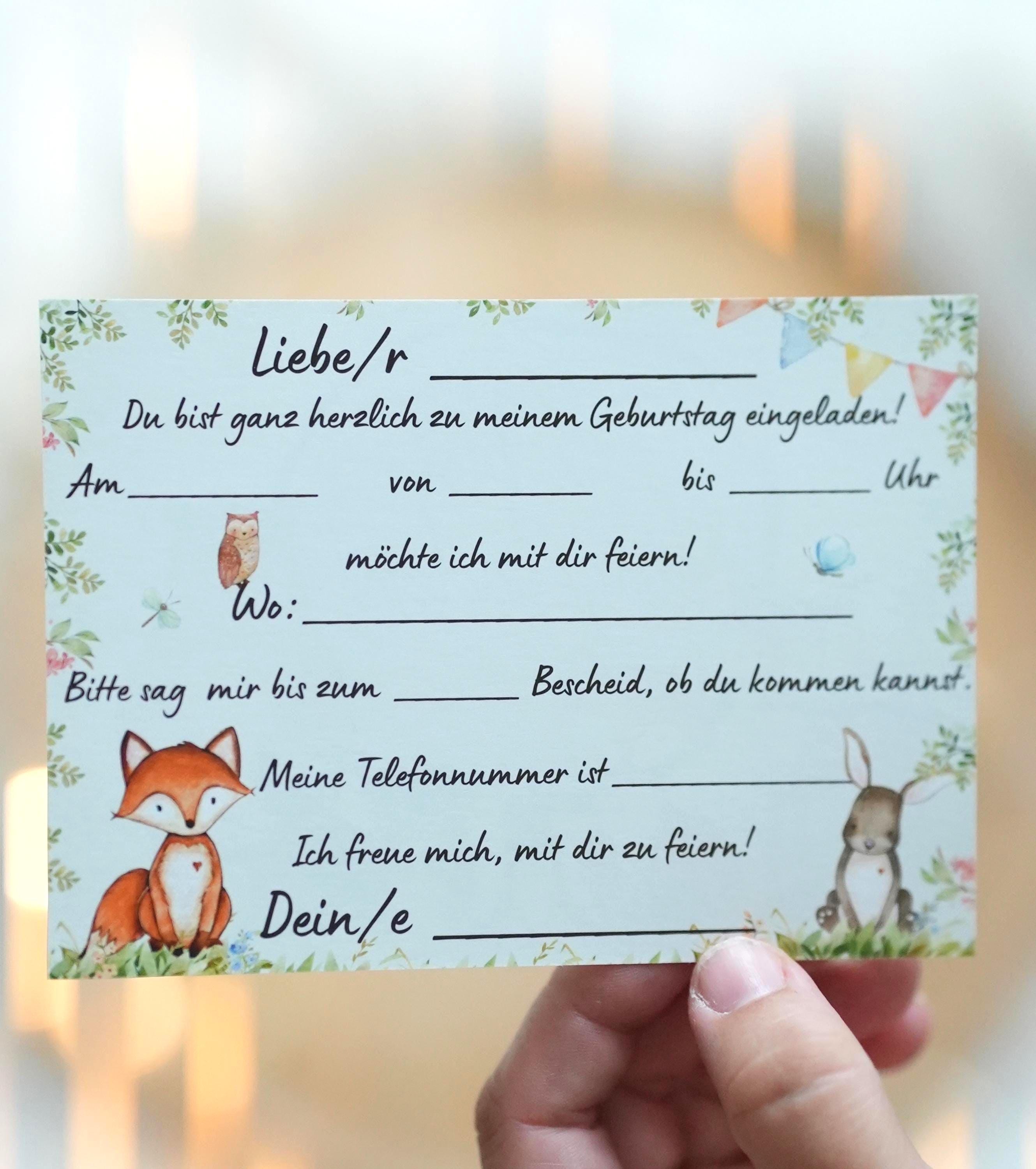 Einladungskarten Waldtiere Naturstil – 8 Karten geburtstag DIN A6 – mit Bär, Eule & Waschbär – beschreibbar – Holzscheibe Design – Invitations