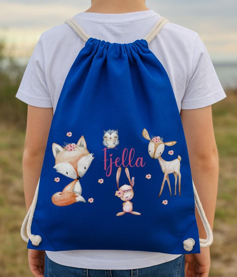 Waldtiere Turnbeutel mit Namen – Rosa Beutel Kita – Reh Fuchs Hase Eule – Geschenk Einschulung personalisiert – Team Sports & Gym Bags
