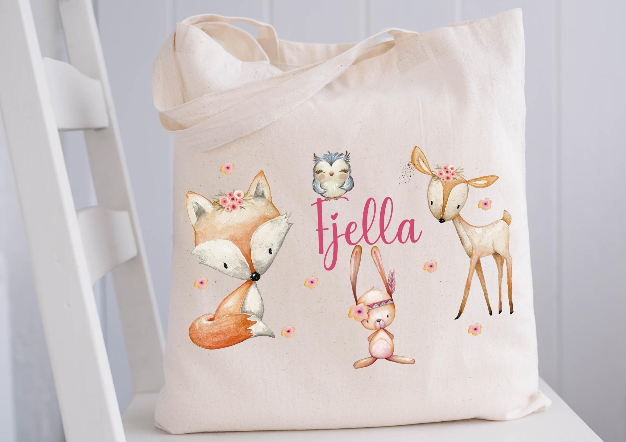 Waldtiere Turnbeutel mit Namen – Rosa Beutel Kita – Reh Fuchs Hase Eule – Geschenk Einschulung personalisiert – Team Sports & Gym Bags