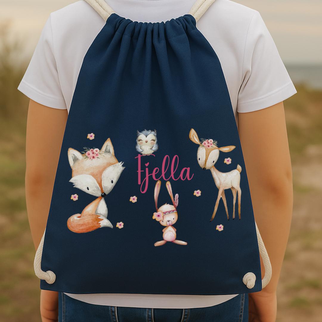 Waldtiere Turnbeutel mit Namen – Rosa Beutel Kita – Reh Fuchs Hase Eule – Geschenk Einschulung personalisiert – Team Sports & Gym Bags