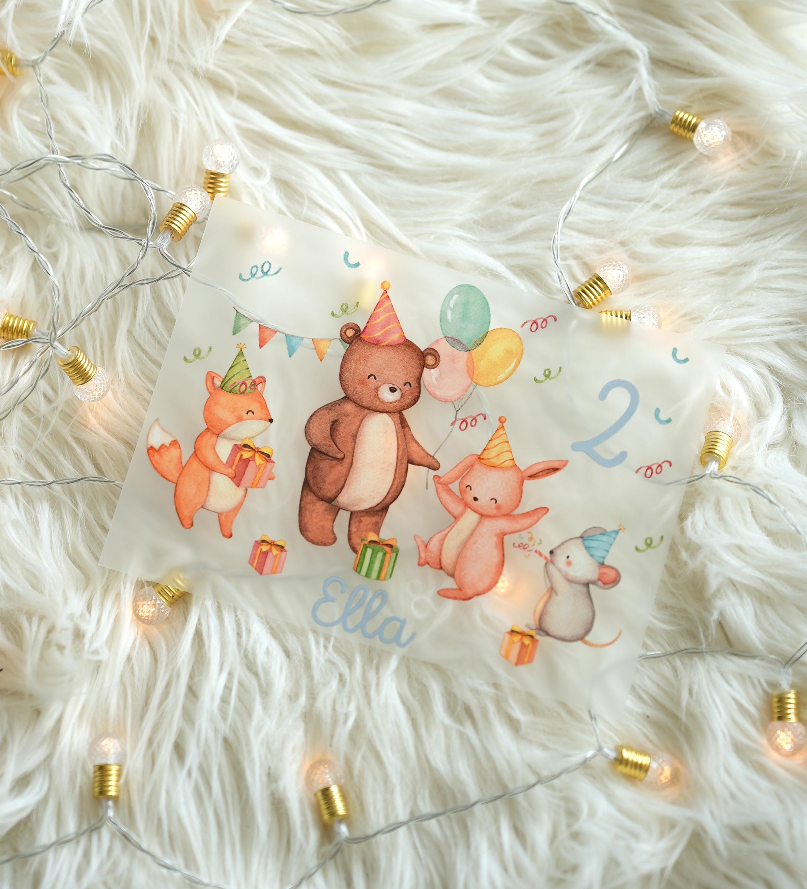 Bügelbild Waldtiere Geburtstag – personalisiert mit Name & Zahl – Geburtstagsshirt – Partytiere Bär Fuchs Hase – A4 oder A5 – Appliques & Patches