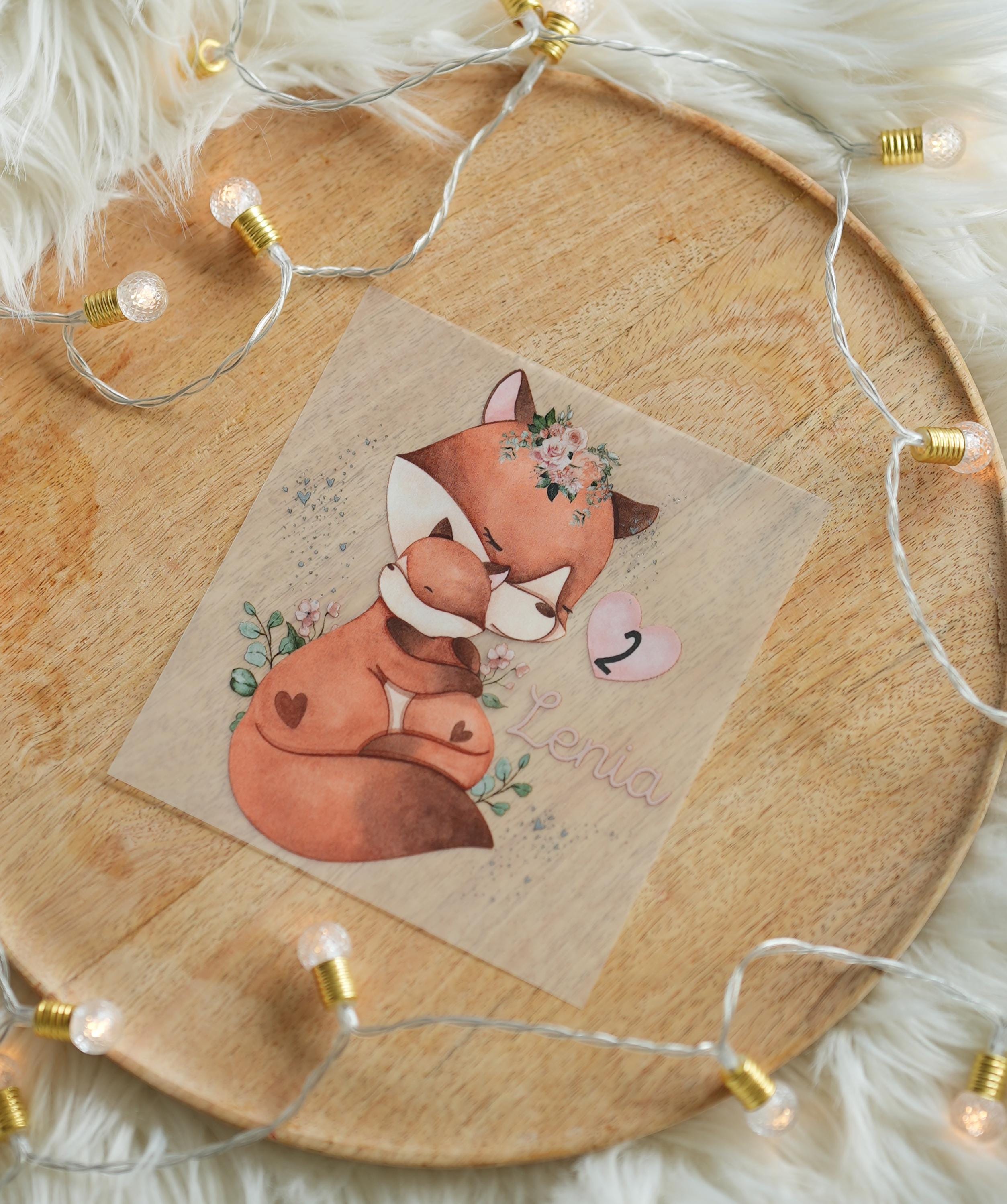 Bügelbild Fuchs Mama & Baby – personalisiert mit Name und Zahl – Geburtstagsshirt – Waldtiere Bügelmotiv A4 oder A5 – Appliques & Patches