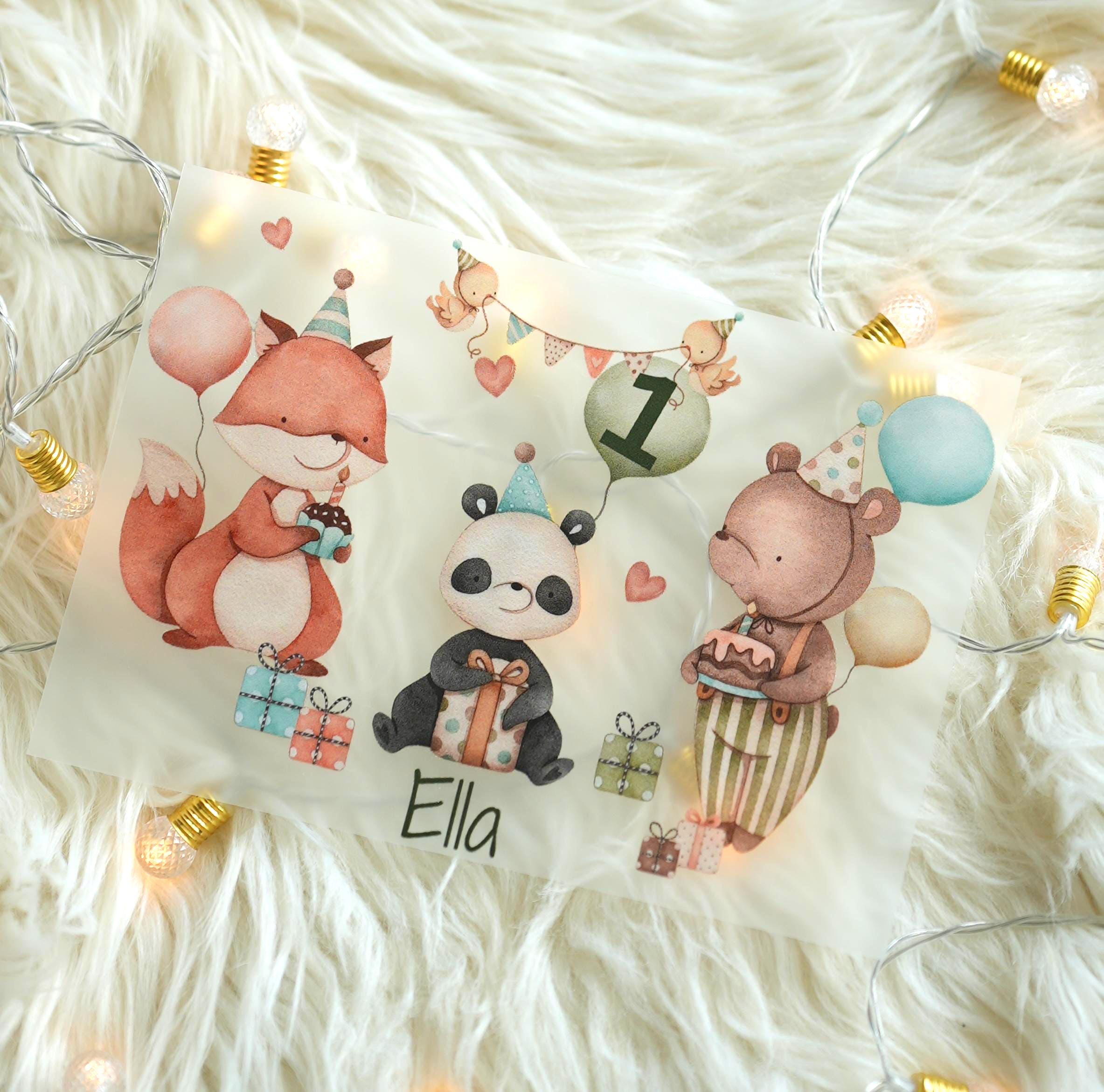 Bügelbild Geburtstag – Fuchs Panda Bär – personalisiert mit Name & Zahl – für farbige Shirts – A4 oder A5 – rosa mint – Appliques & Patches