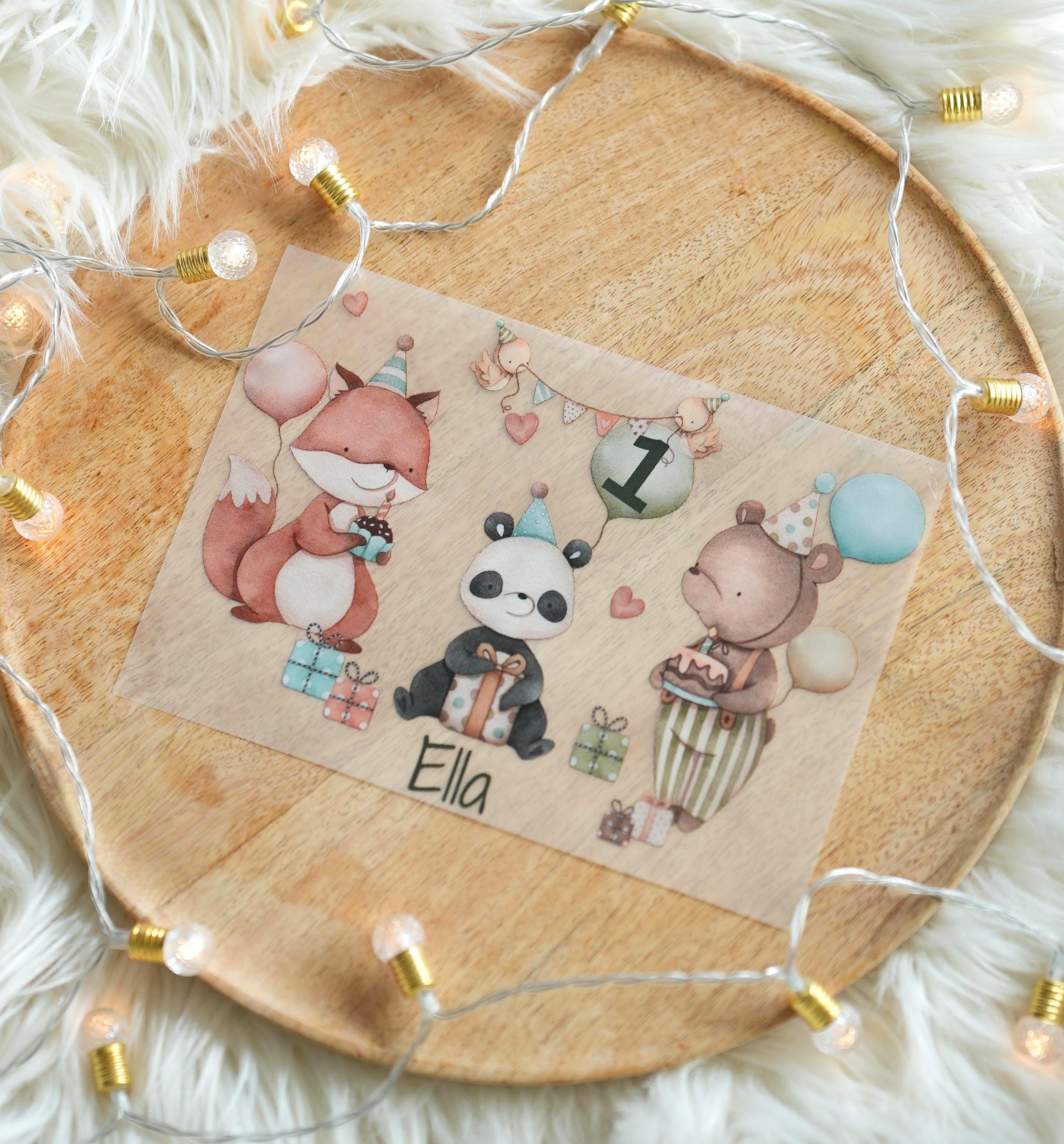 Bügelbild Geburtstag – Fuchs Panda Bär – personalisiert mit Name & Zahl – für farbige Shirts – A4 oder A5 – rosa mint – Appliques & Patches