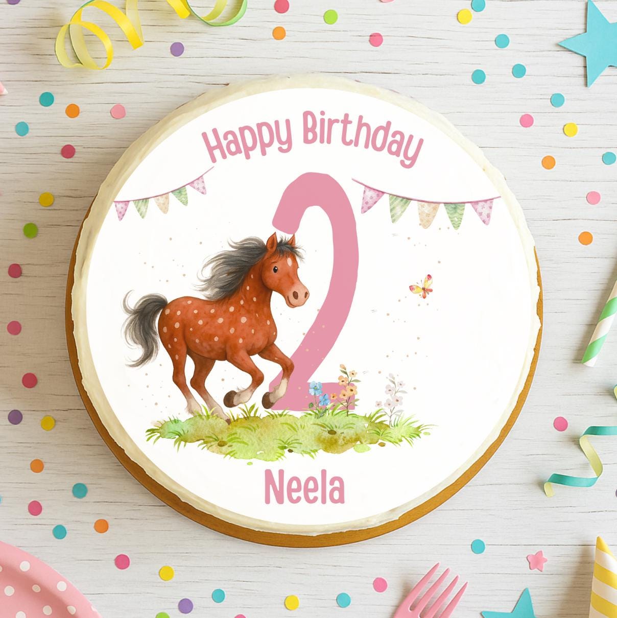 Tortenaufleger Pferd mit Name und Zahl – rosa Geburtstagsdeko für – personalisiert – für geburtstag – Party Decor