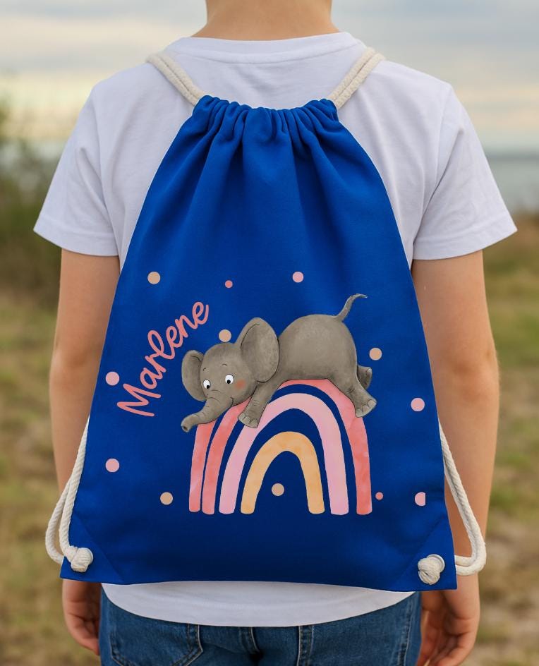 Turnbeutel mit Namen – Regenbogen & Elefant – personalisierter Kita Beutel – Wechselwäschebeutel – Geschenk Einschulung – Team Sports & Gym Bags