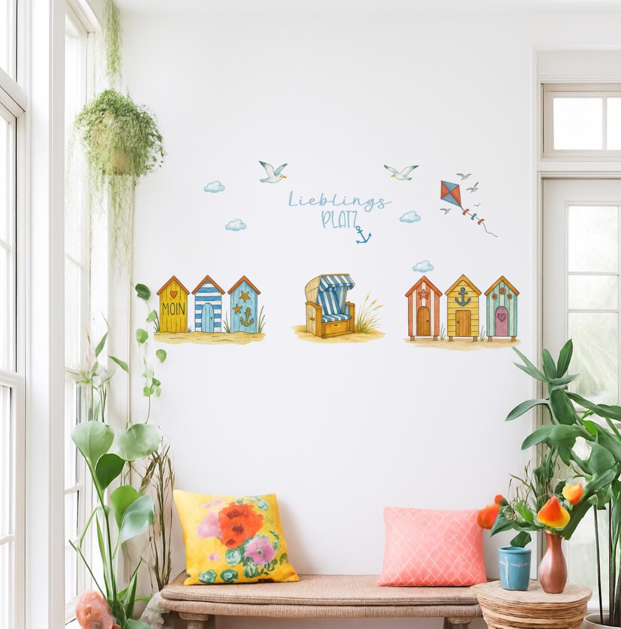 Wandtattoo Lieblingsplatz – maritimes Strandhäuschen-Motiv mit Strandkorb & Möwen – Küstenstil Deko für Flur, Bad, Wohnzimmer – Wall Decals & Murals