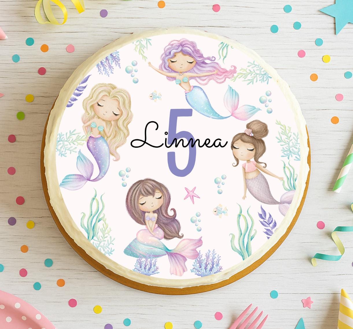 Tortenaufleger Meerjungfrau mit Name & Zahl – personalisiertes Fondantbild für Geburtstag – Unterwasser Nixe 20 cm – Party Decor