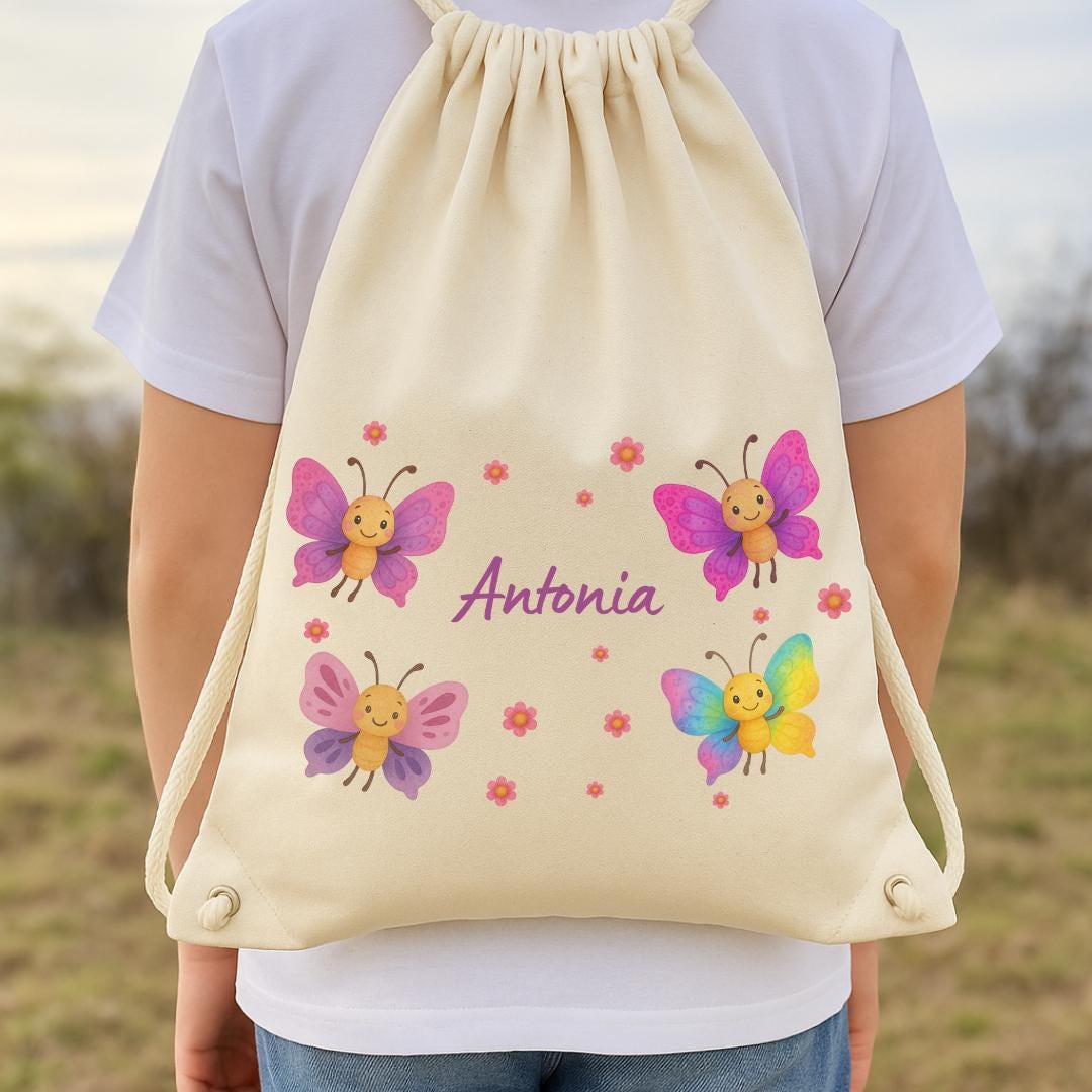 Turnbeutel Schmetterling mit Name – personalisiert für – Kita Wechselwäsche Beutel – garten Tasche – Geschenk Einschulung – Team Sports & Gym Bags
