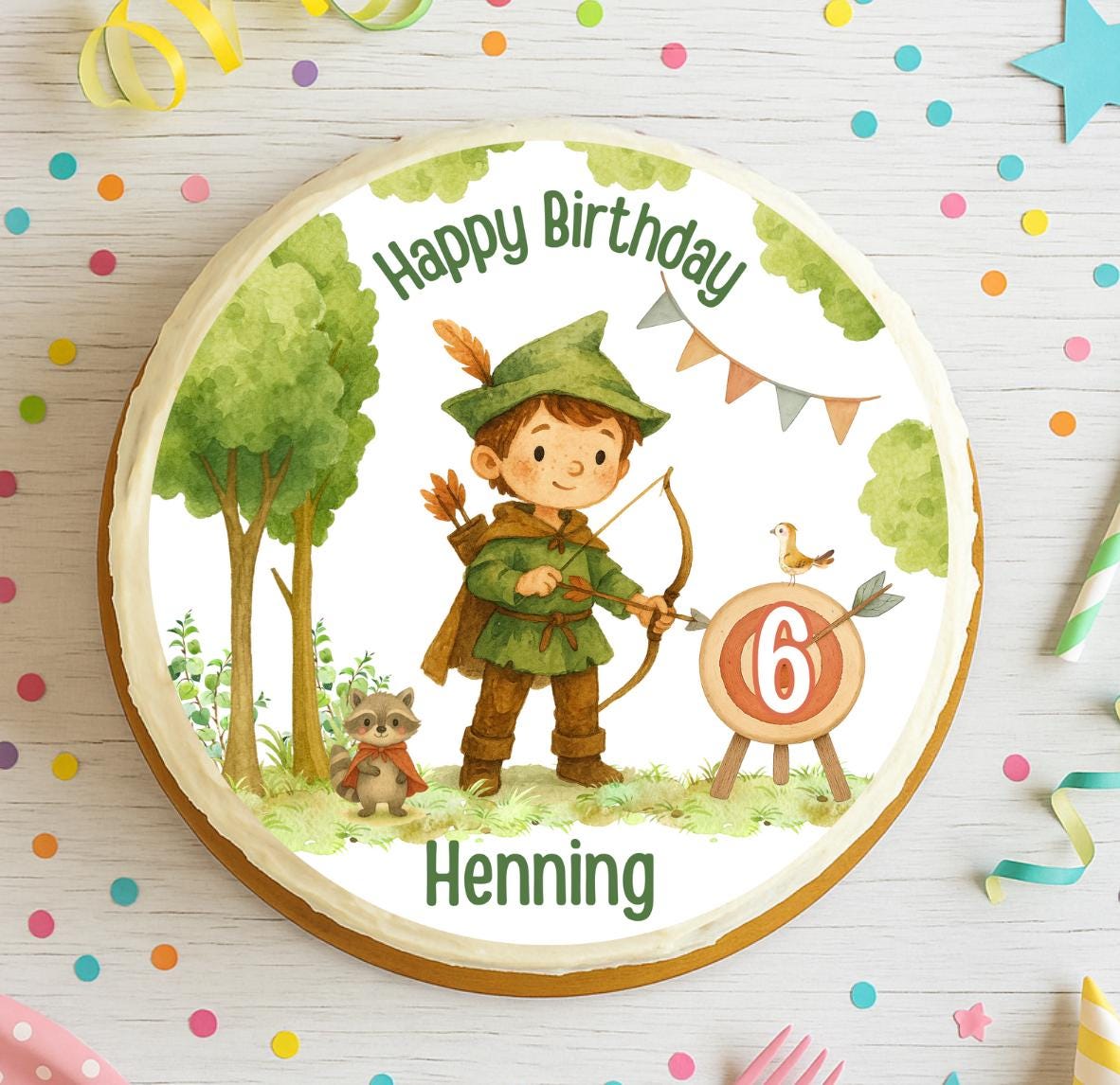 Tortenaufleger Robin Hood personalisiert – Fondantbild mit Name & Zahl – Wald Geburtstag – Bogenschütze Motto – – Party Decor