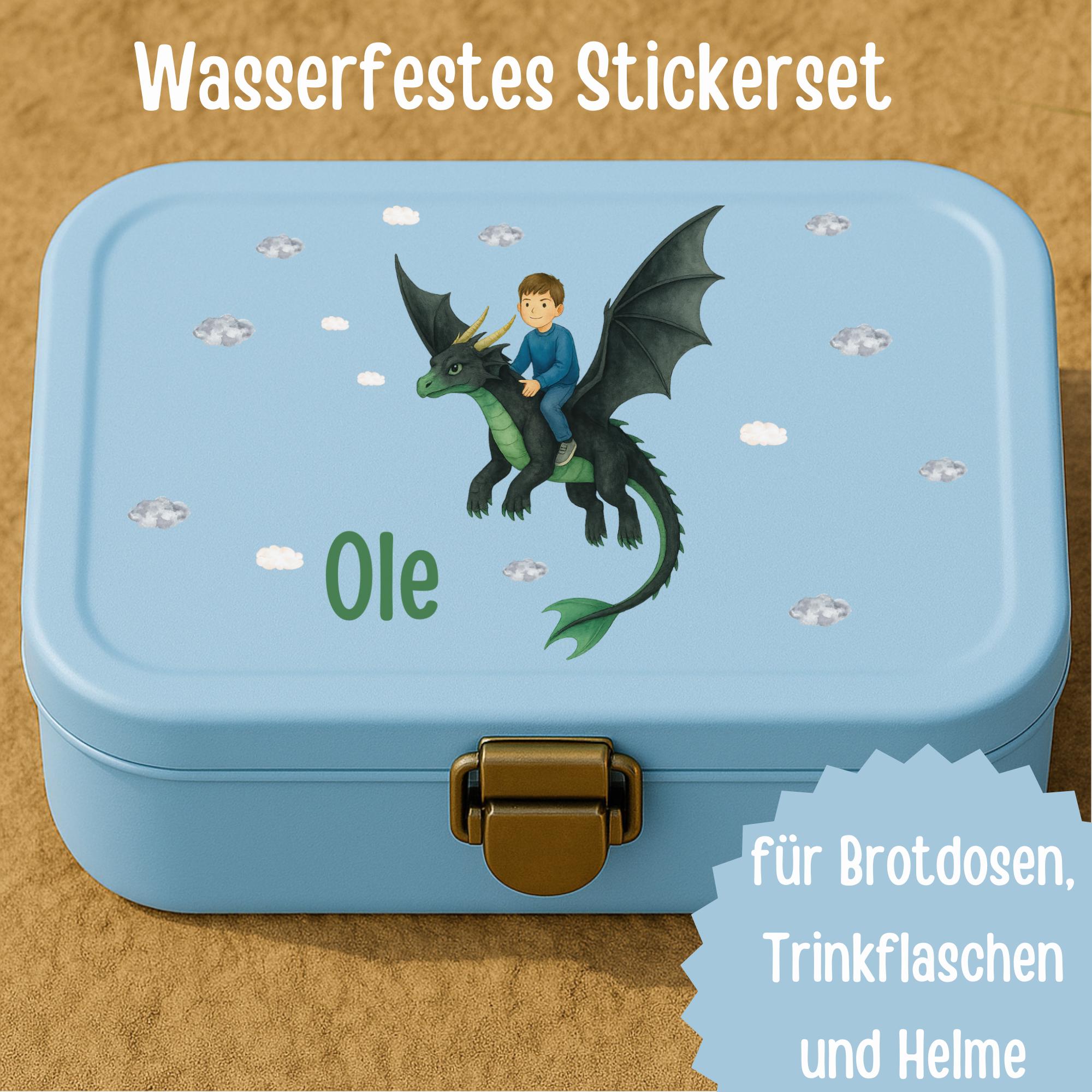 Sticker Drache mit Name – personalisiert, wasserfest & spülmaschinengeeignet – für Brotdose, Trinkflasche, Kita und Schule – A6/A5/A4 – Stickers