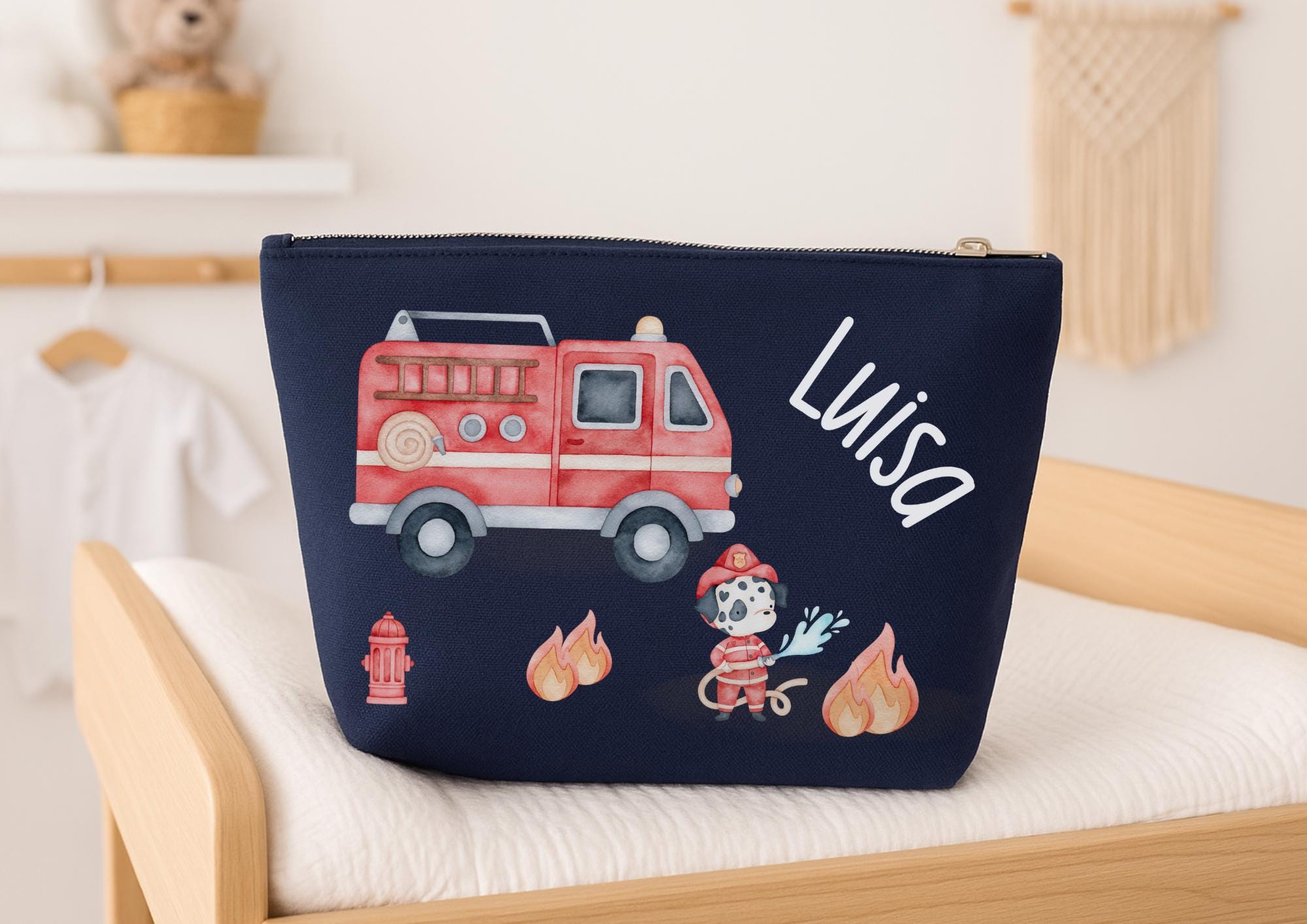 Wickeltasche mit Name personalisiert – Feuerwehr Tasche für – Geschenk zur Geburt – Windeltasche mit Feuerwehrauto – Diaper Caddies