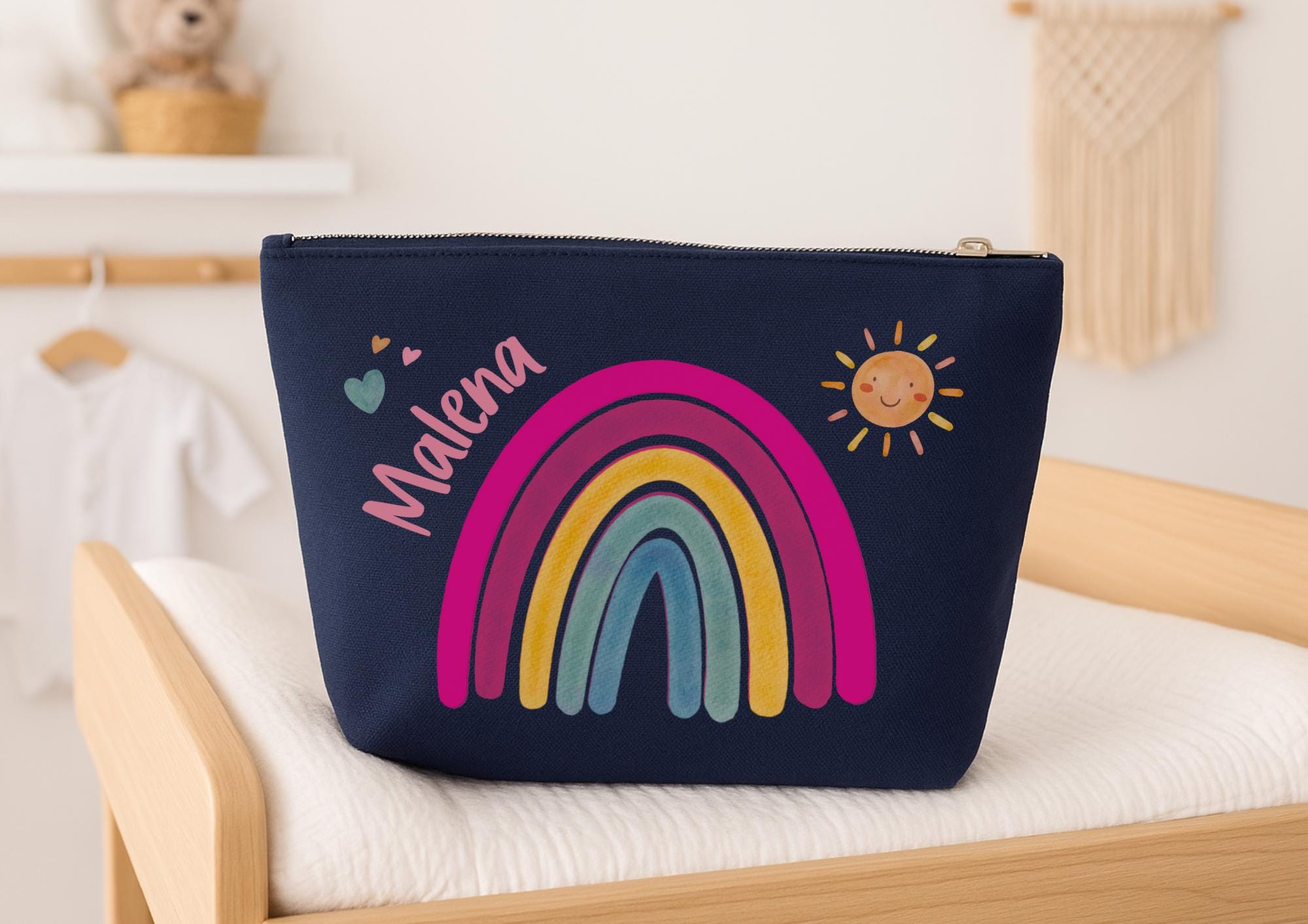Wickeltasche mit Namen – personalisiert für Baby – Regenbogen Tasche zur Geburt – Babytasche für unterwegs – Diaper Caddies