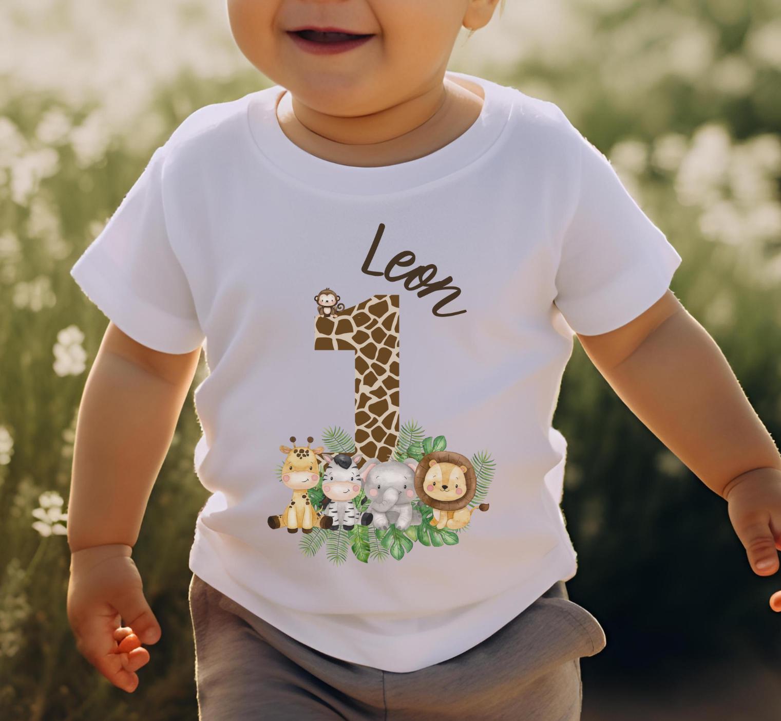 Geburtstagsshirt Safari Tiere personalisiert – Shirt mit Name & Zahl – Dschungeltiere – Geburtstagsshirt 1–6 Jahre – T-shirts