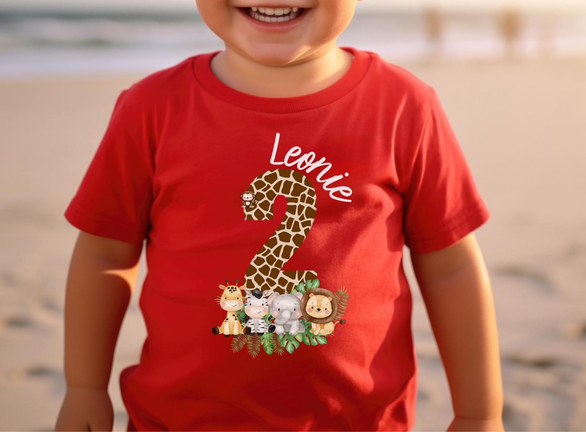 Geburtstagsshirt Safari Tiere personalisiert – Shirt mit Name & Zahl – Dschungeltiere – Geburtstagsshirt 1–6 Jahre – T-shirts