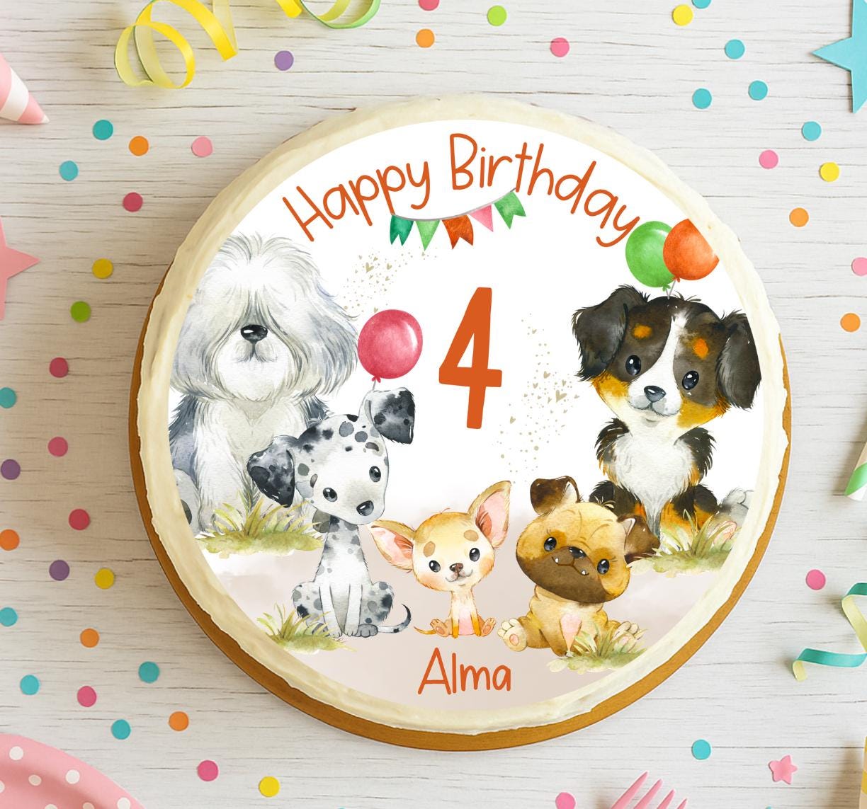Tortenaufleger Hunde – personalisiertes Fondantbild mit Name & Zahl – Mops, Bobtail und Bernersennenhund – geburtstag 20 cm essbar – Party Decor
