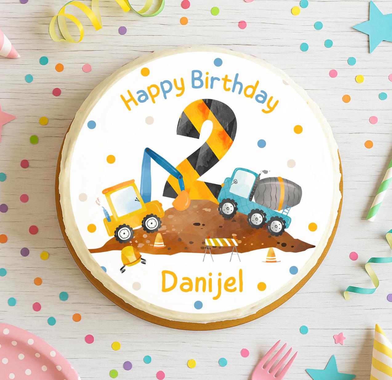Tortenaufleger Bagger zum 2. Geburtstag – personalisiert mit Name & Zahl – Baustellenparty Deko – Fondantbild n – Party Decor