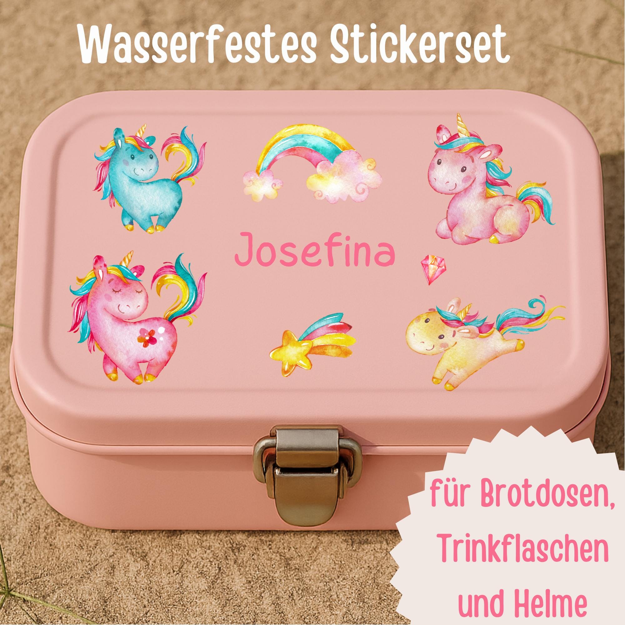 Einhorn Sticker mit Name – personalisiert & wasserfest – für Brotdose, Trinkflasche und Helm – Geschenk Einschulung – Stickers