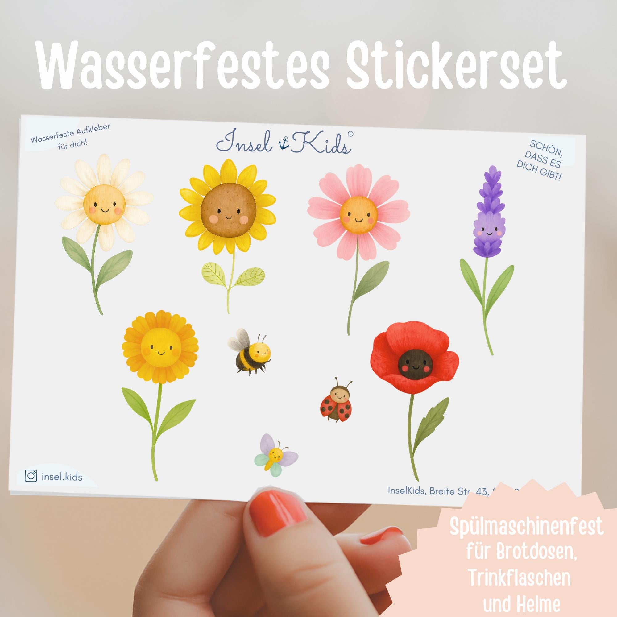 Sticker Blumen – wasserfest & spülmaschinenfest – A6 – Sonnenblume, Lavendel, Gänseblümchen – Brotdose, Kita, Geschenk – Stickers