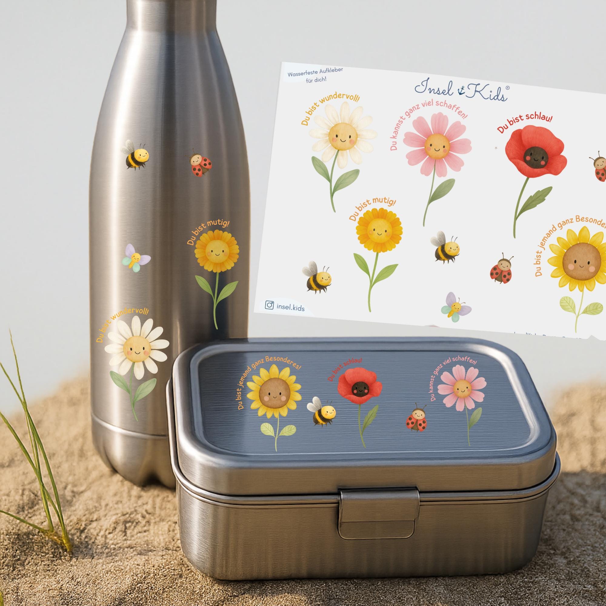Mutmach-Sticker – wasserfest & spülmaschinenfest – A6 A5 A4 – Blumen mit Affirmationen – für Brotdose, Kita, Schule – Stickers