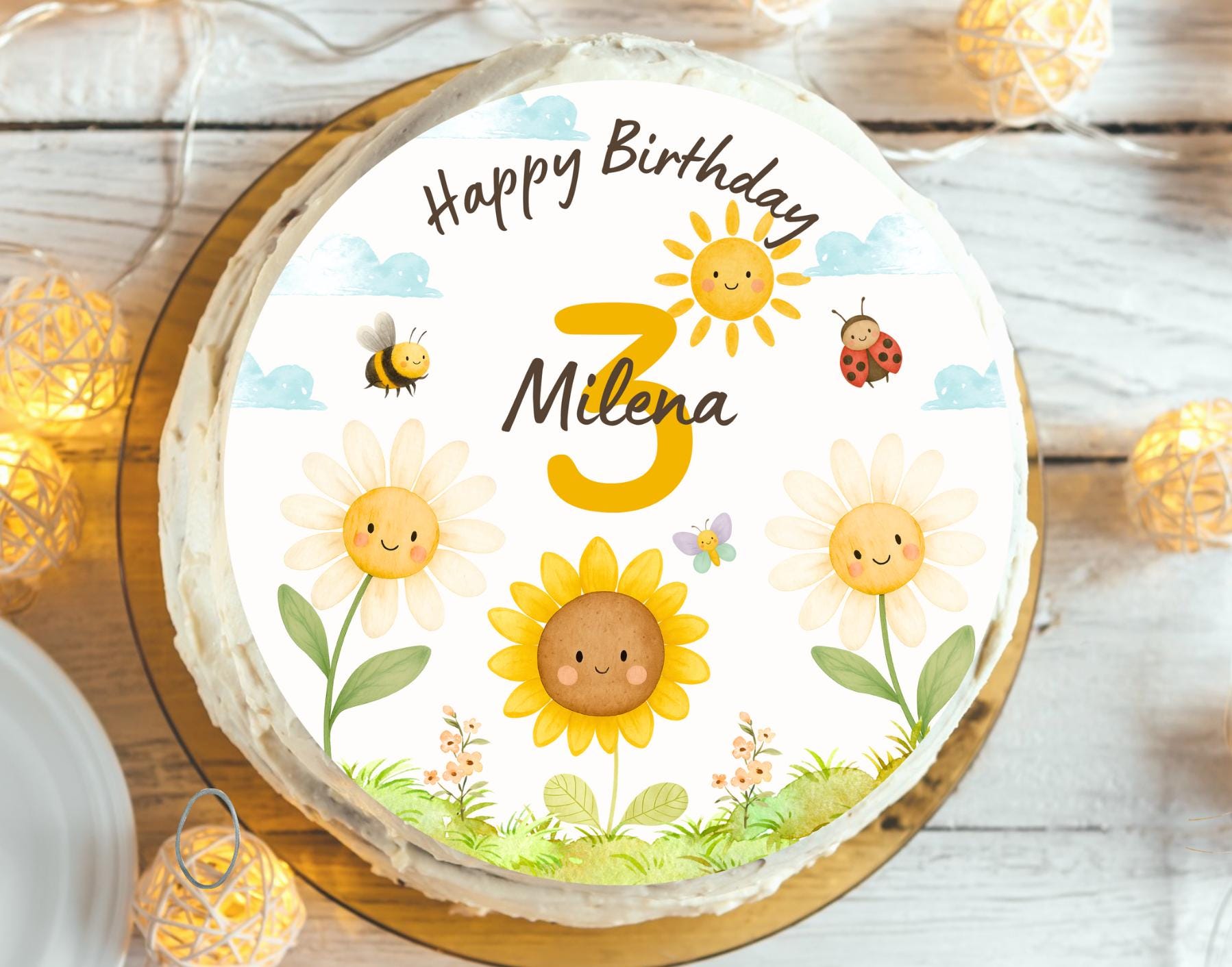 Tortenaufleger Blumen Geburtstag personalisiert – – Sonnenblume Gänseblümchen Biene – Alter & Name – Ø 20 cm – Party Decor