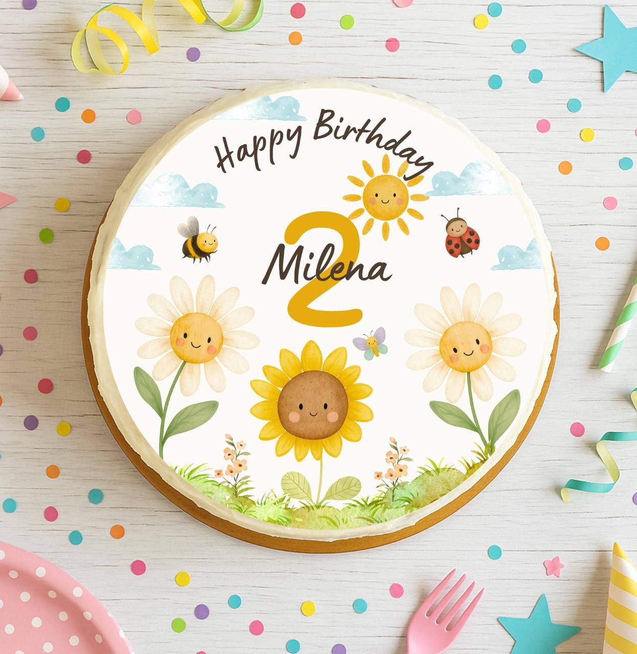 Tortenaufleger Blumen Geburtstag personalisiert – – Sonnenblume Gänseblümchen Biene – Alter & Name – Ø 20 cm – Party Decor