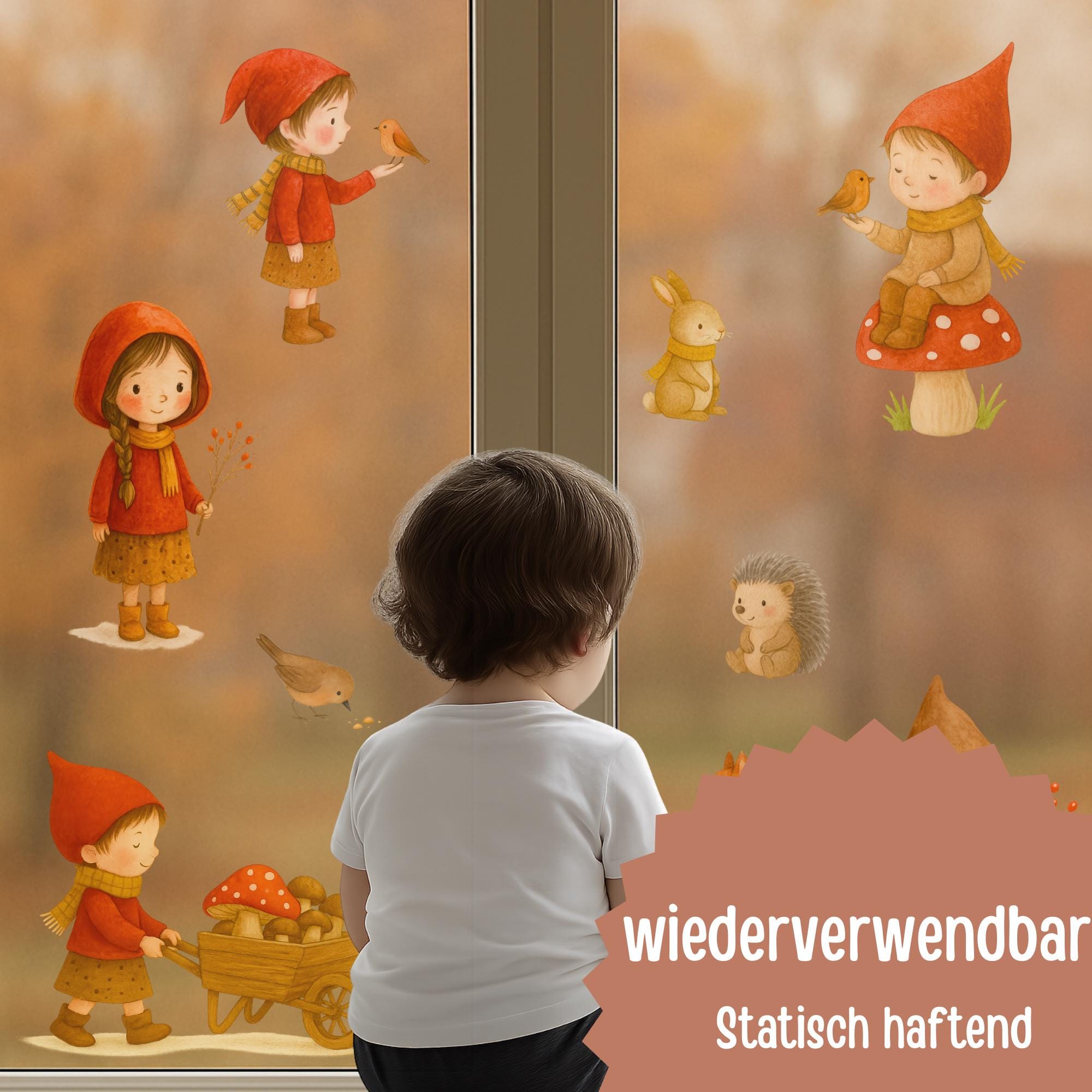 Fensterbild Wichtel Herbst – herbstliche Fensterdeko statisch haftend & wiederverwendbar – mit Waldtieren –