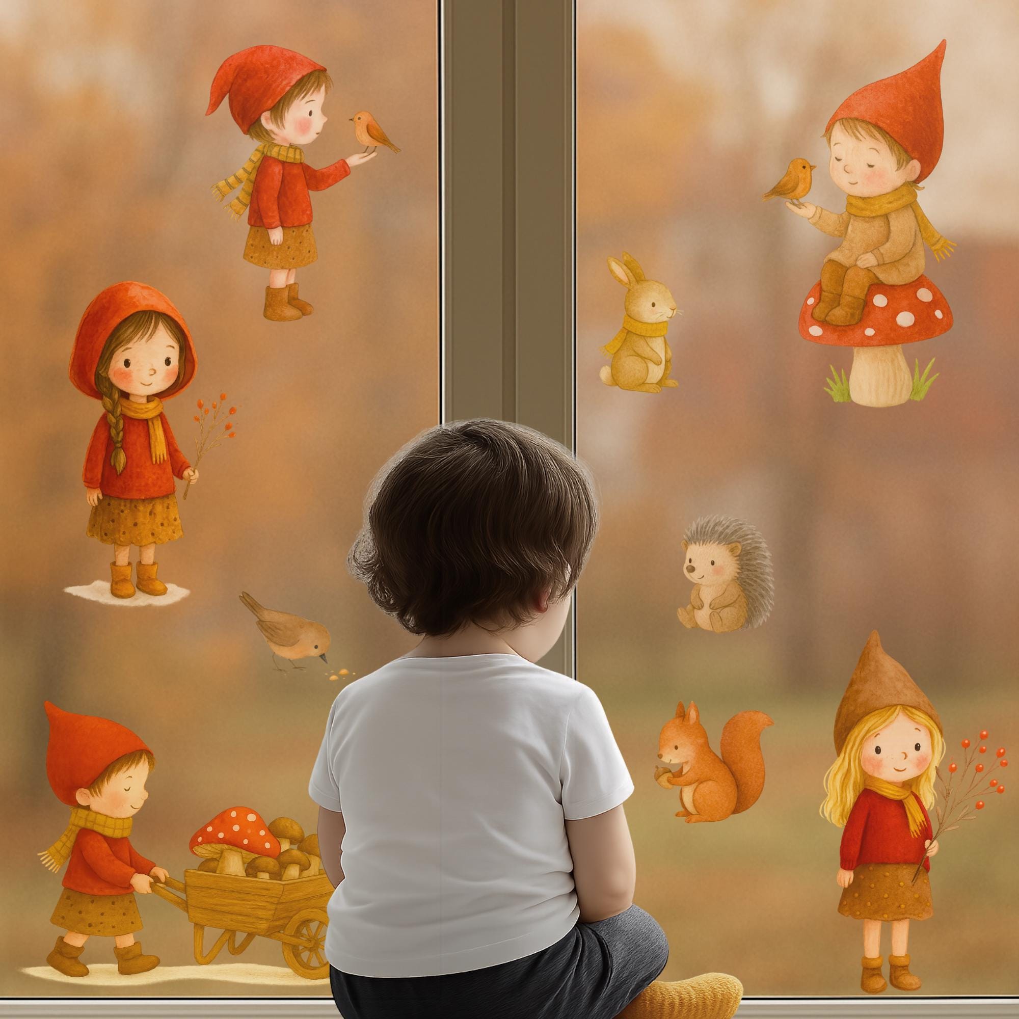 Fensterbild Wichtel Herbst – herbstliche Fensterdeko statisch haftend & wiederverwendbar – mit Waldtieren –