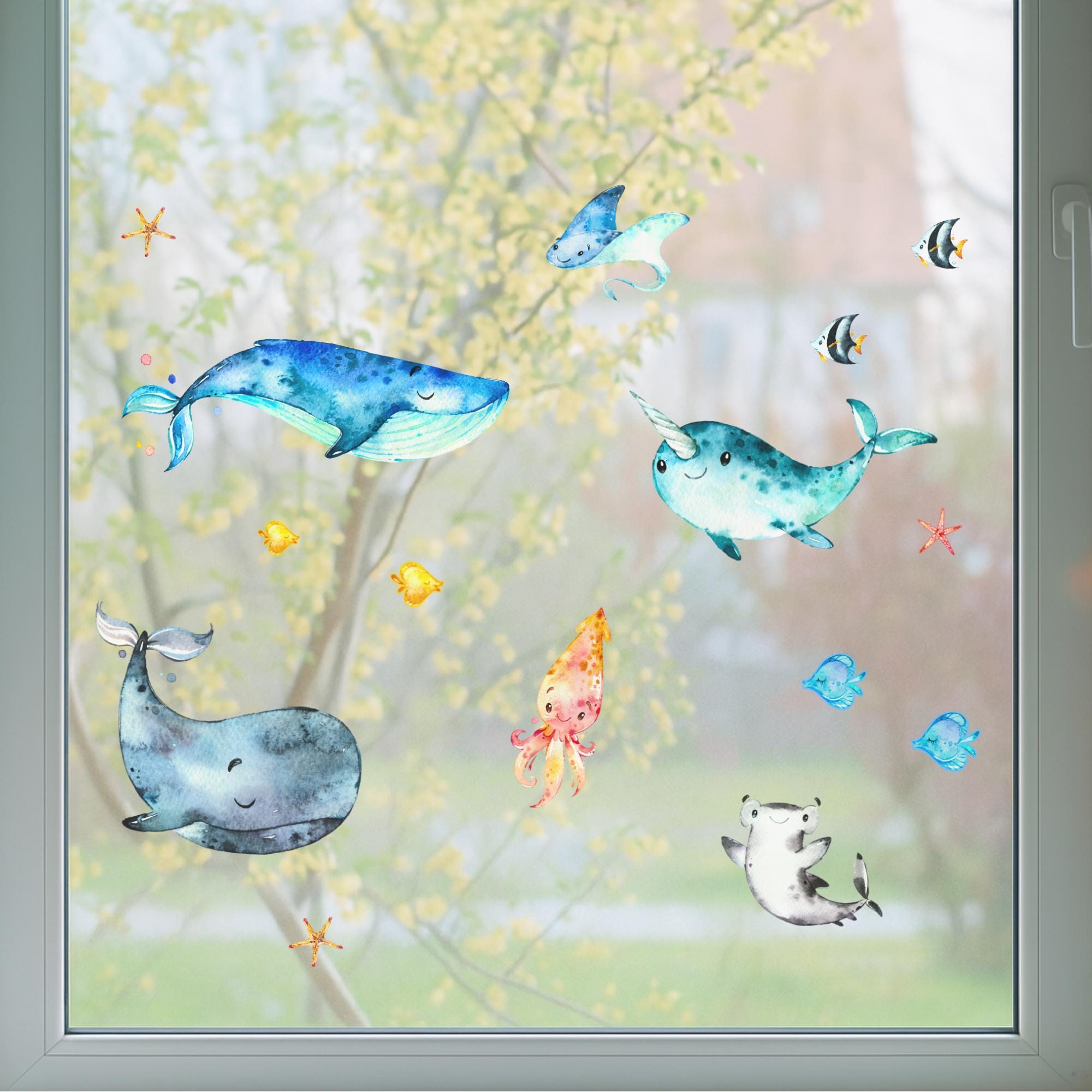 Fensterbild Meerestiere – Wal, Narwal & Fische – statisch haftend und wiederverwendbar – Fensterdeko Kinderzimmer Ozean –