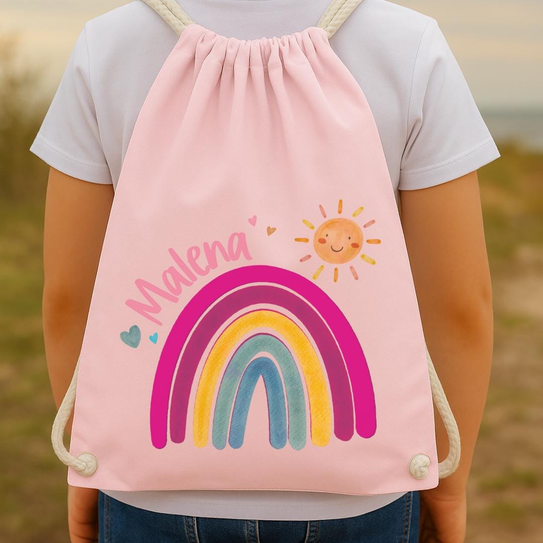 Bunter Turnbeutel mit Namen – Regenbogen & Sonne – personalisiert für Kita und Wechselwäsche – Neon-Optik für – Team Sports & Gym Bags