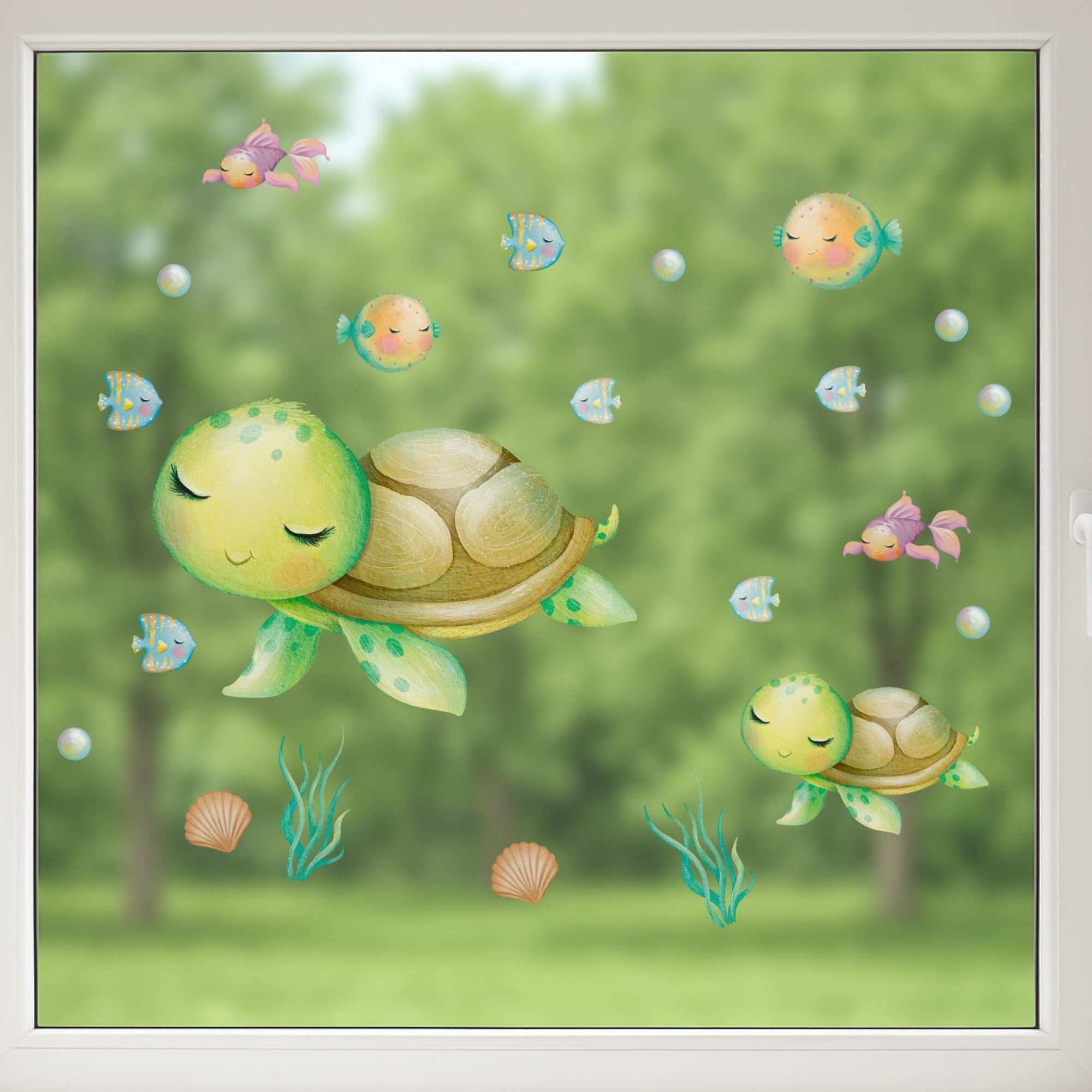 Fensterbild Meerestiere – Schildkröte & Fische – statisch haftend und wiederverwendbar – Fensterdeko Kinderzimmer Babyzimmer A4–A2 –
