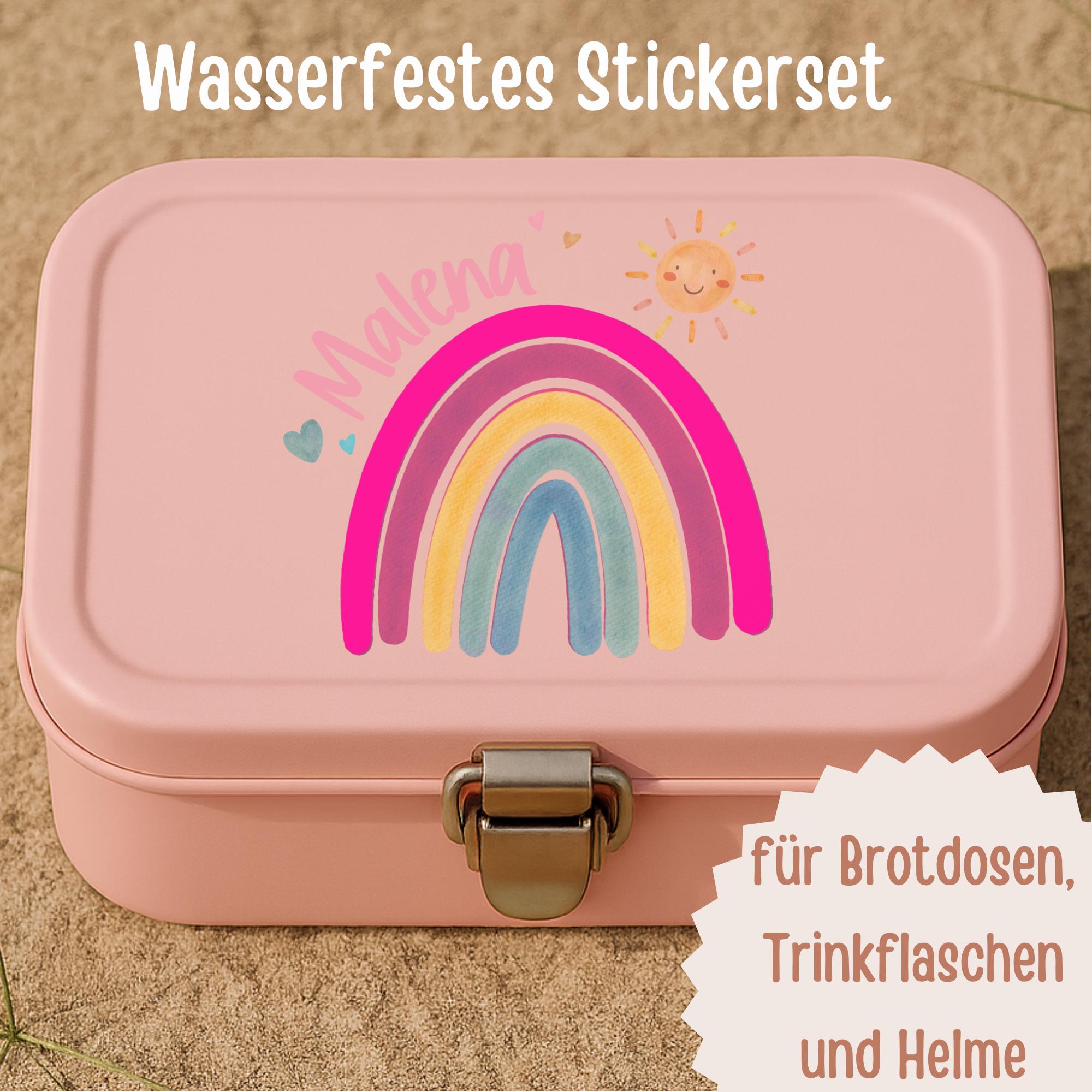 Regenbogen Aufkleber mit Name – personalisierter Einzelsticker wasserfest – für Brotdose, Trinkflasche, Kita & Schule – Boho Design – Stickers