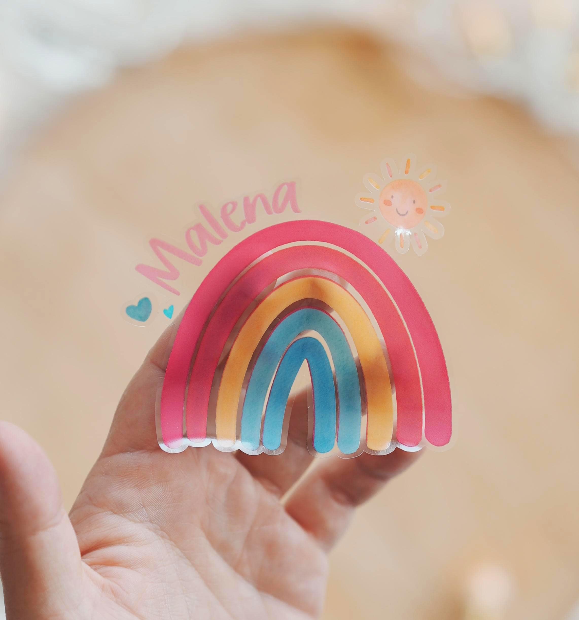 Regenbogen Aufkleber mit Name – personalisierter Einzelsticker wasserfest – für Brotdose, Trinkflasche, Kita & Schule – Boho Design – Stickers