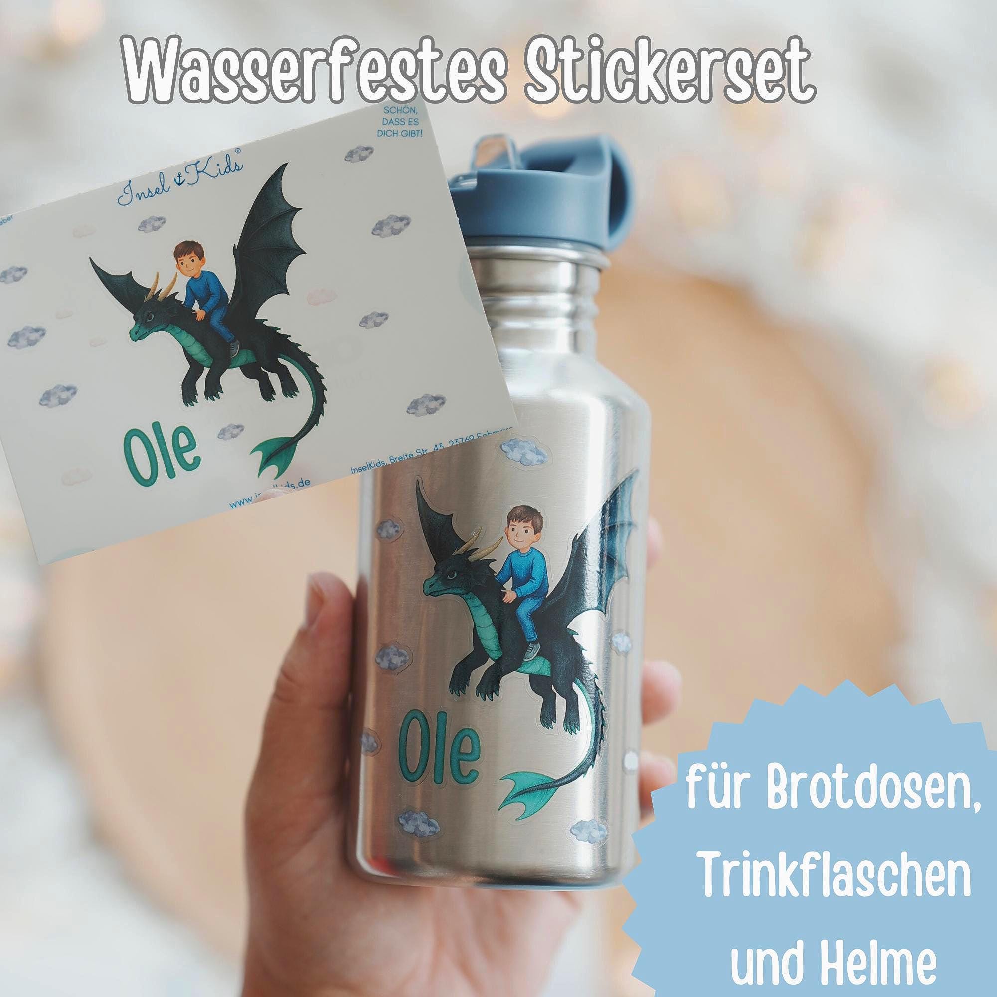 Sticker Drache mit Name – personalisiert, wasserfest & spülmaschinengeeignet – für Brotdose, Trinkflasche, Kita und Schule – A6/A5/A4 – Stickers