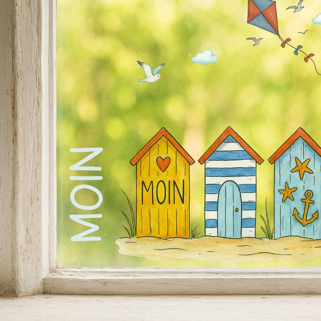 Fensterbild Strandhaus – wiederverwendbar & statisch haftend – maritime Deko Fenster Küche, Bad, Flur, Lieblingsplatz –
