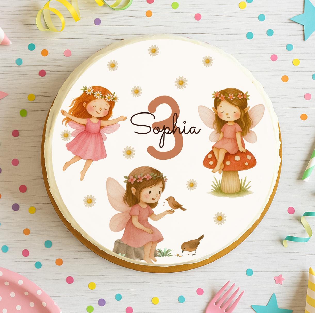 Tortenaufleger Fee mit Name & Zahl – mit Gänseblümchen – Fondantbild Geburtstag – 3 Elfen Motiv essbar 20 cm – Party Decor
