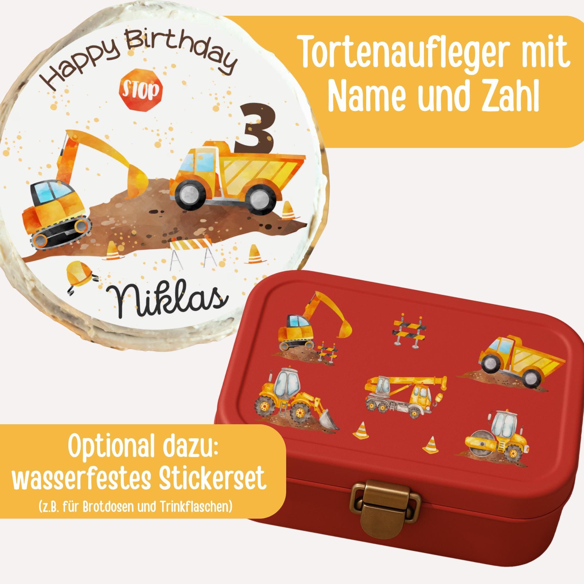 Tortenaufleger Bagger & Kipplaster – personalisiert mit Name – geburtstag – Baustellen-Deko für n – Party Decor