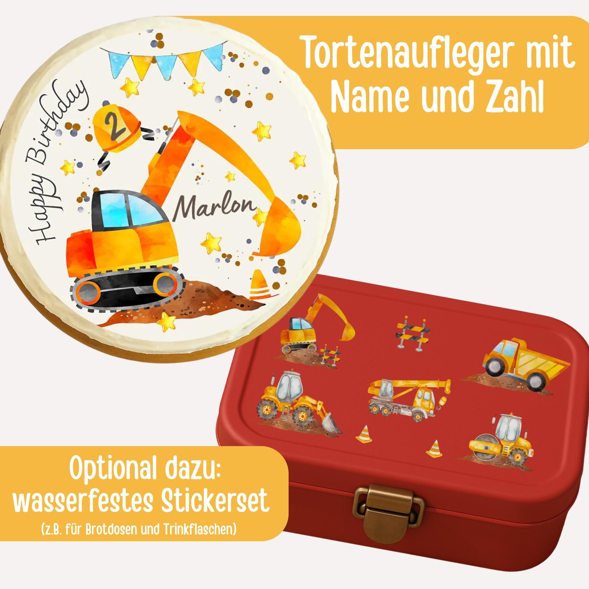 Tortenaufleger Bagger – personalisiert mit Name & Alter – für geburtstag – Baustellen-Motiv – Party Decor