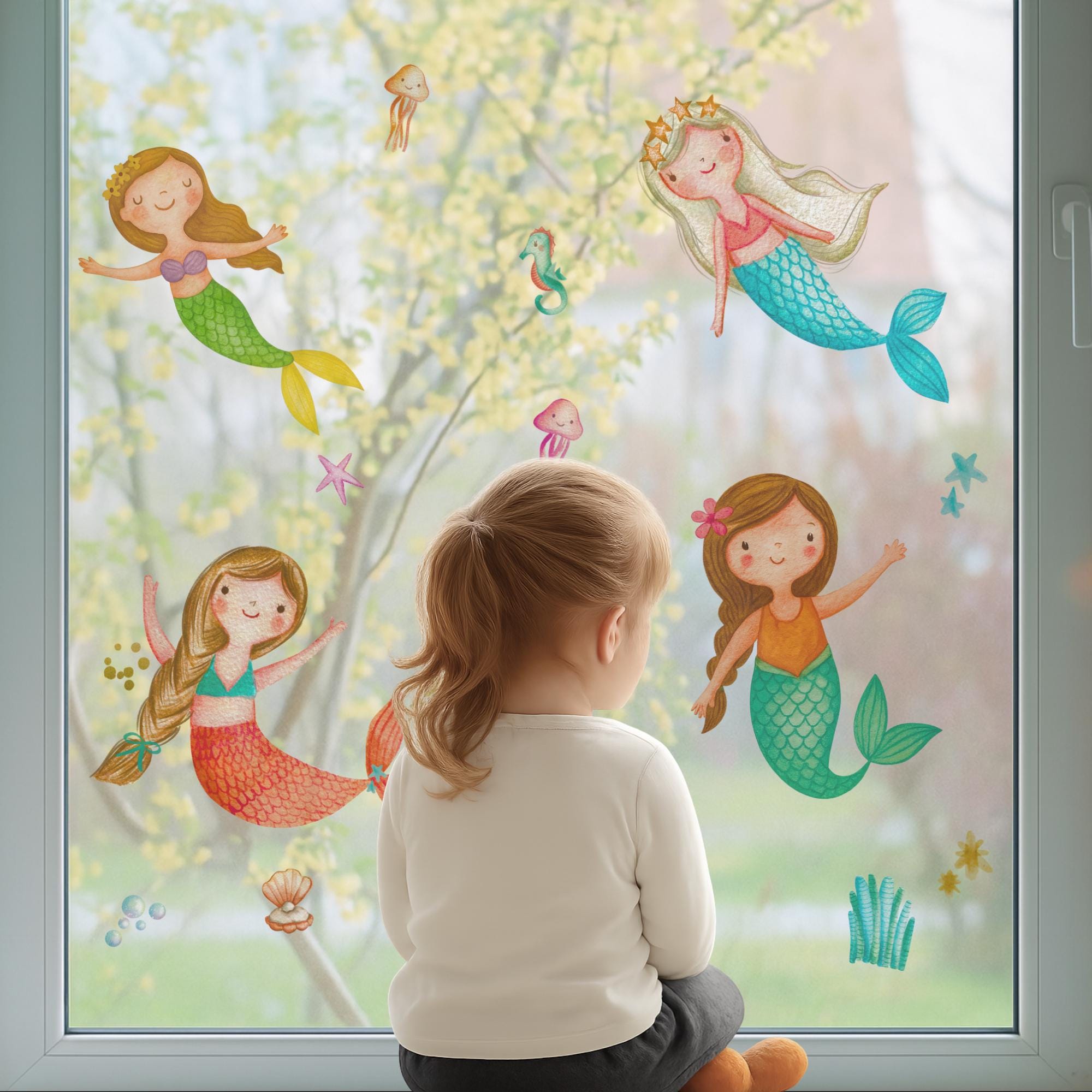 Fensterbild Meerjungfrau zimmer – Fensterdeko statisch haftend & wiederverwendbar – Fenstersticker Unterwasserwelt –