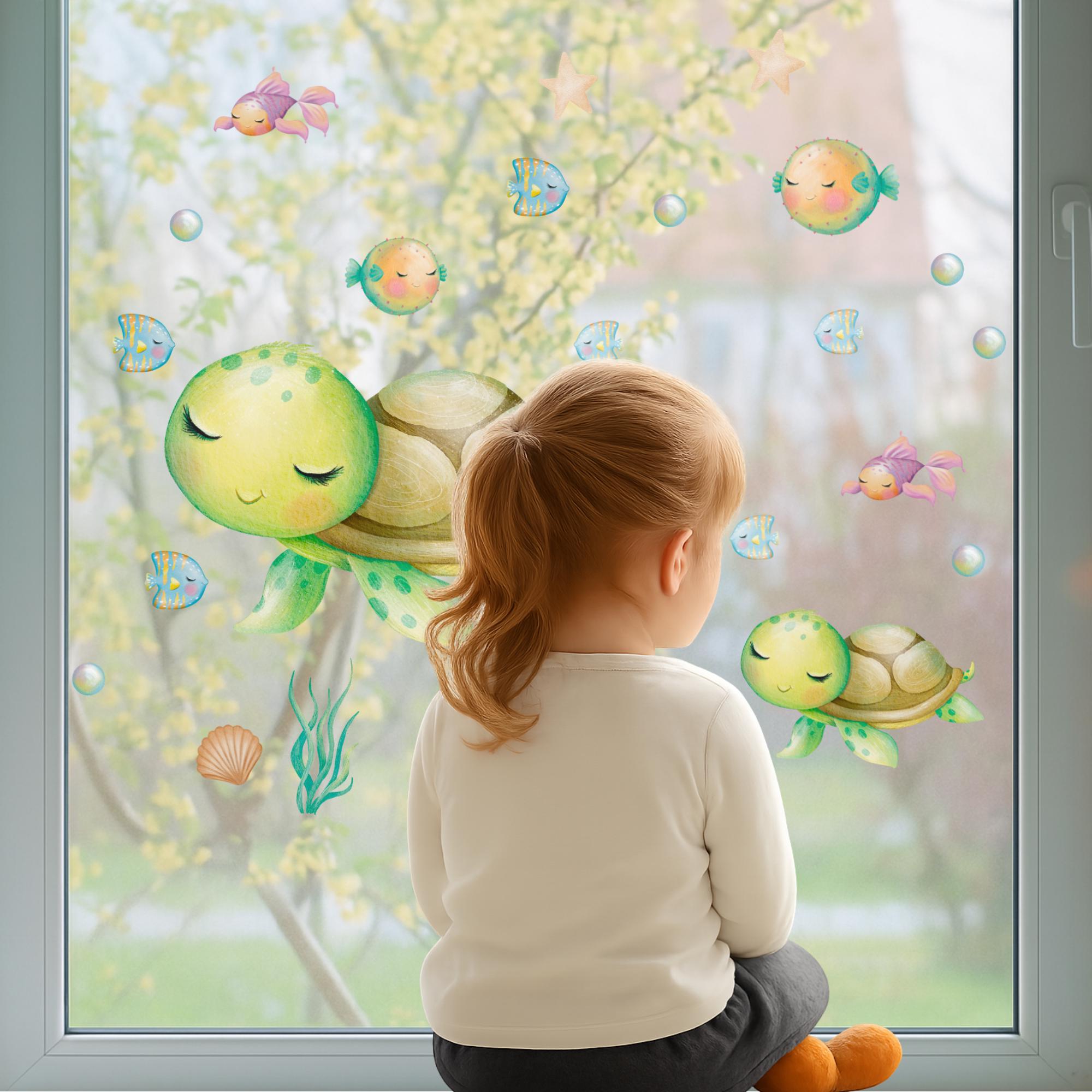 Fensterbild Meerestiere – Schildkröte & Fische – statisch haftend und wiederverwendbar – Fensterdeko Kinderzimmer Babyzimmer A4–A2 –